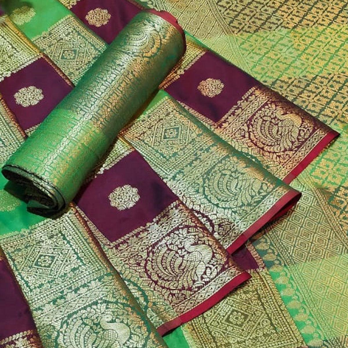 Peachmode Desirable Multi-Green Colored Festive Wear Woven Silk Saree - view 2