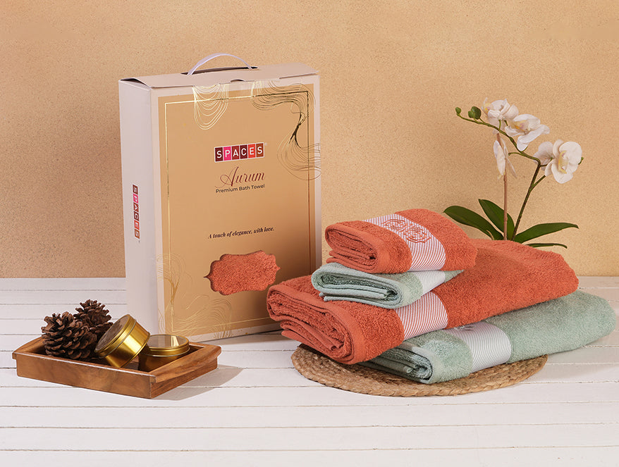 Spaces India Solid Dark Orange 100% Cotton Towel Combo - Aurum By Spaces