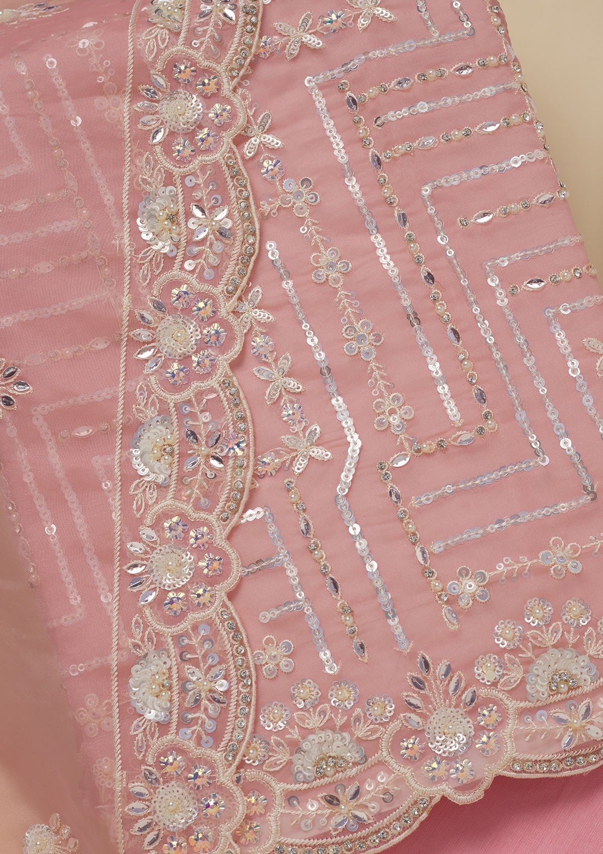 Koskii Peach Sequins Organza Unstitched Salwar Suit - view 2