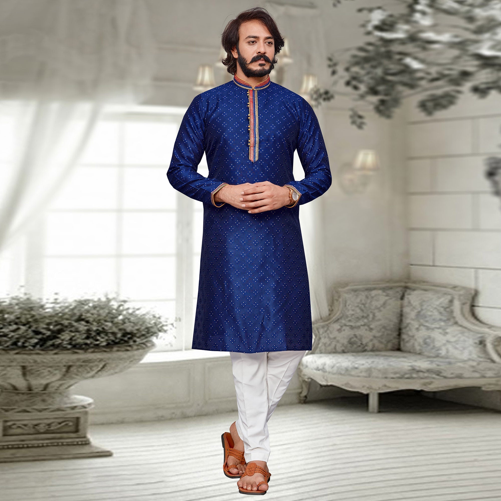 Peachmode Seller Blue Woven Jacquard Kurta Pyjama Set - view 2