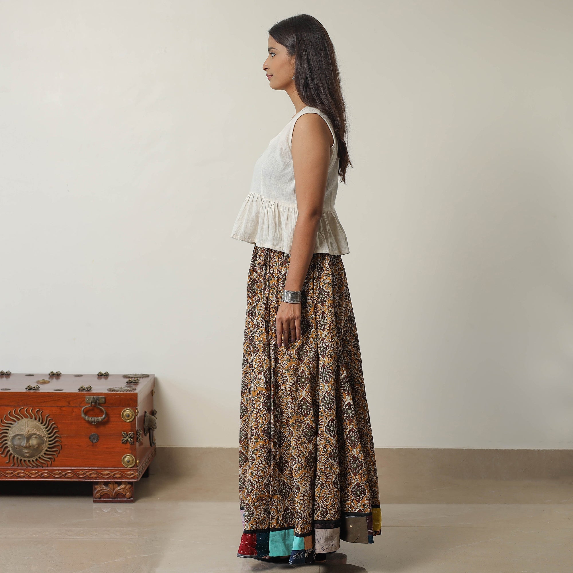 NOORI BAZAR Brown - Bagru Block Printed 24 Kali Patchwork Cotton Long Skirt 25 - view 4
