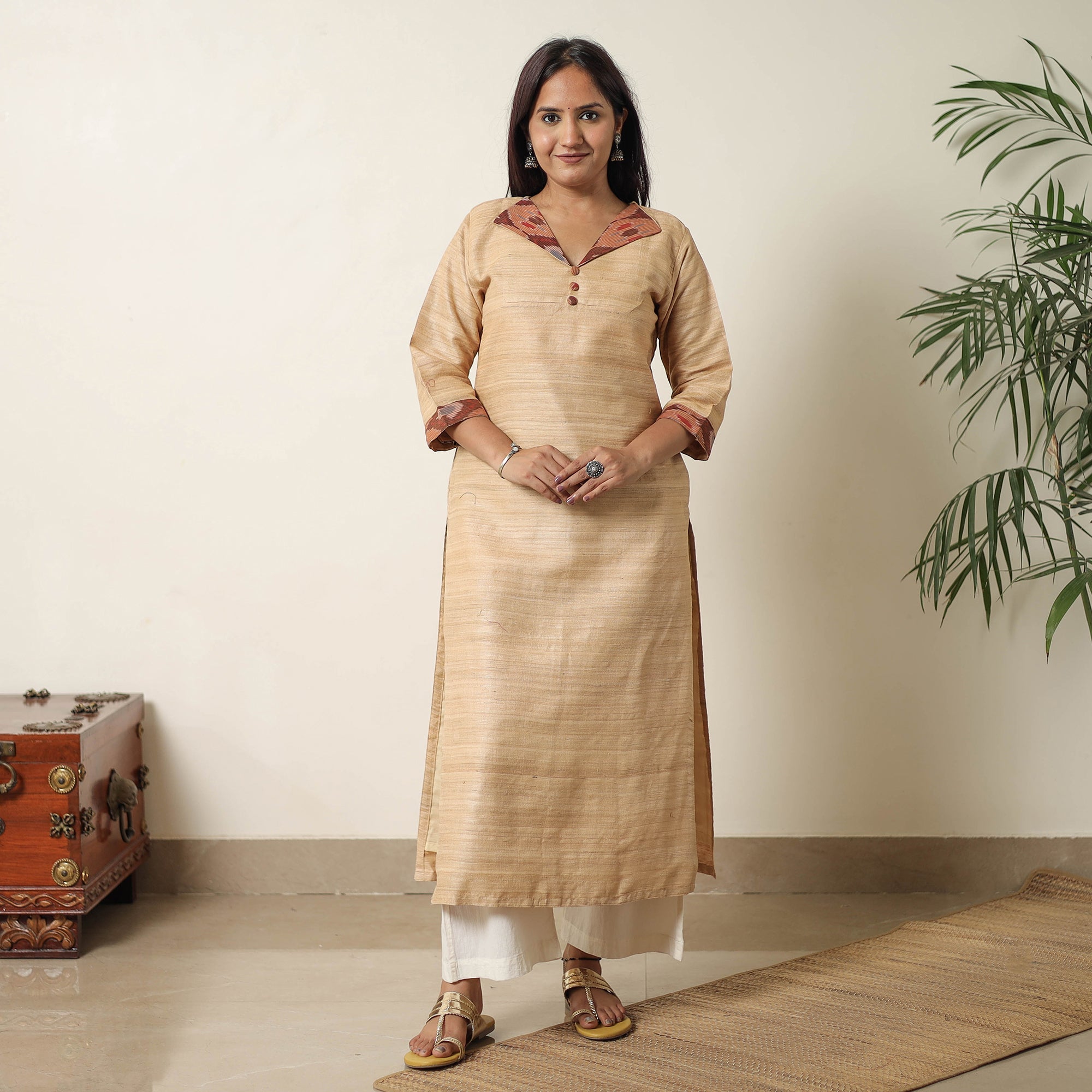 ITOKRI CASUALS Beige - Bhagalpuri Handwoven Desi Tussar Silk Straight Kurta 07 - view 2