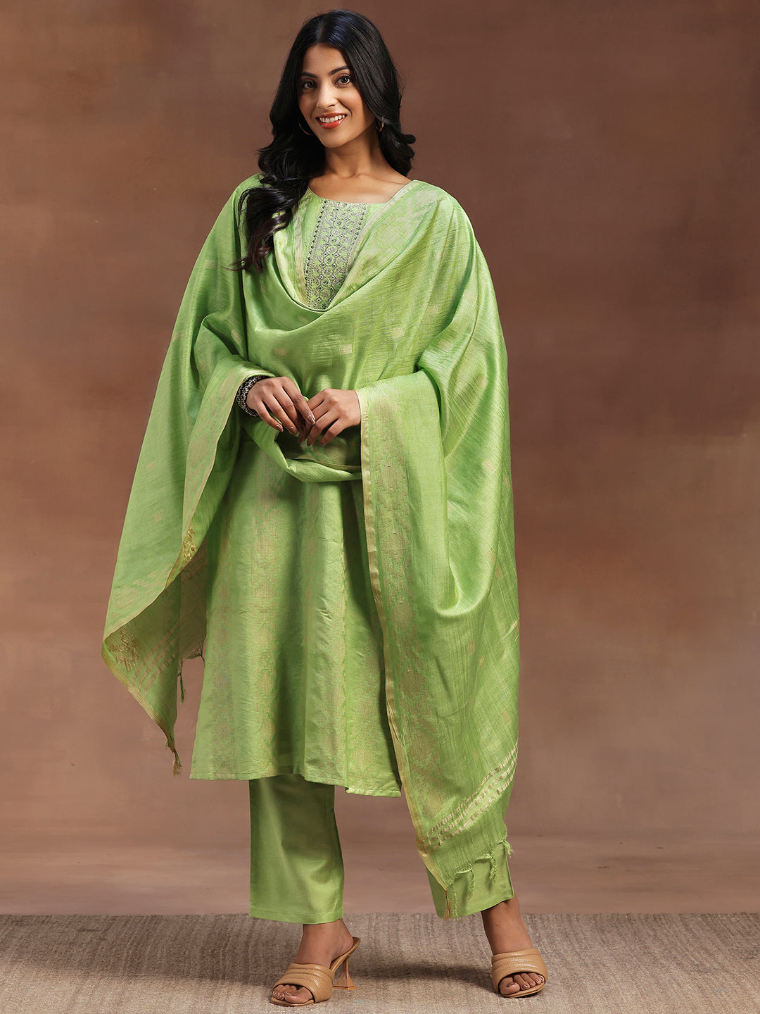 Libas Green Woven Design Chanderi Silk Straight Suit With Dupatta