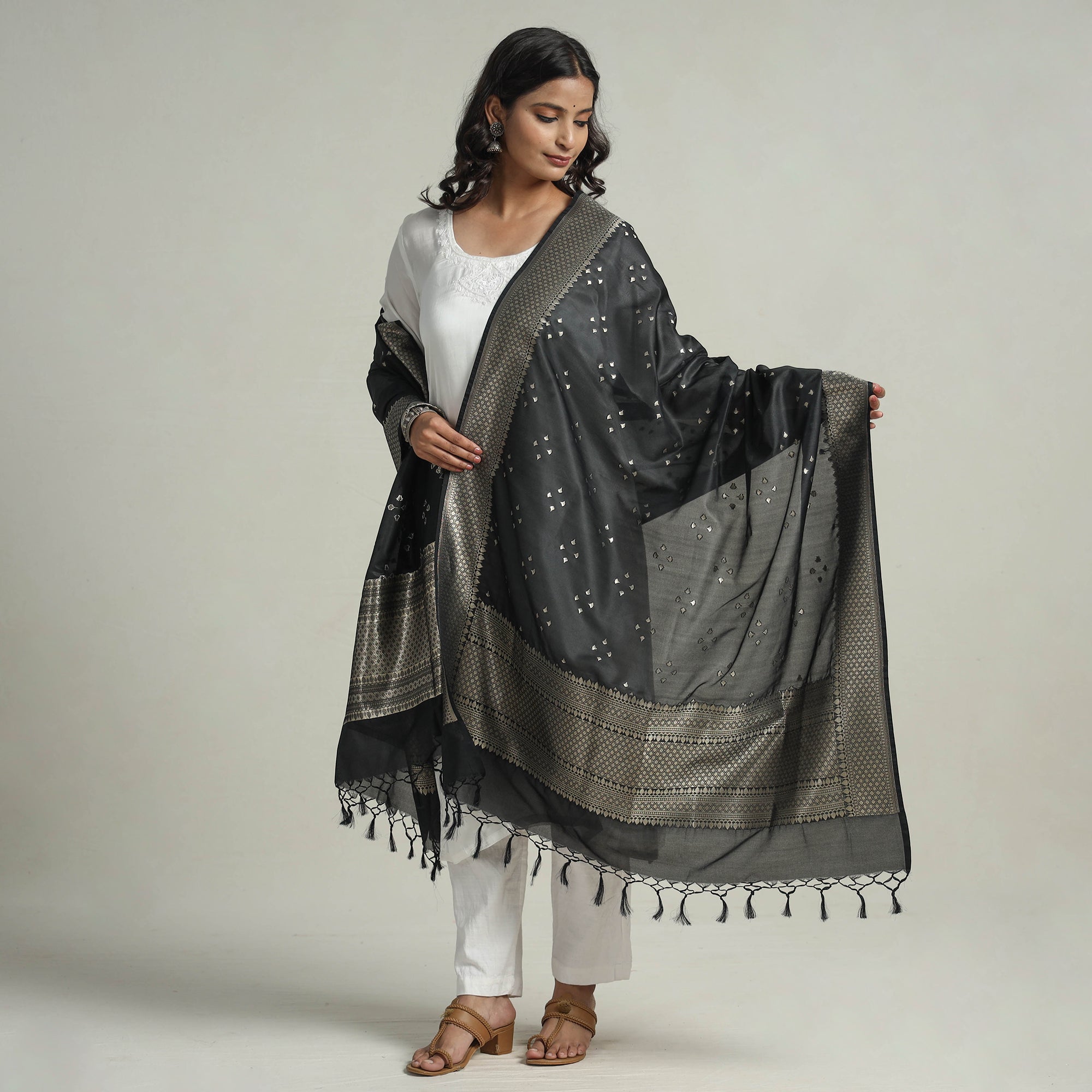 BANARASI BY MAQBUL HASAN Black - Banarasi Semi Silk Zari Jaal Dupatta with Tassels 22