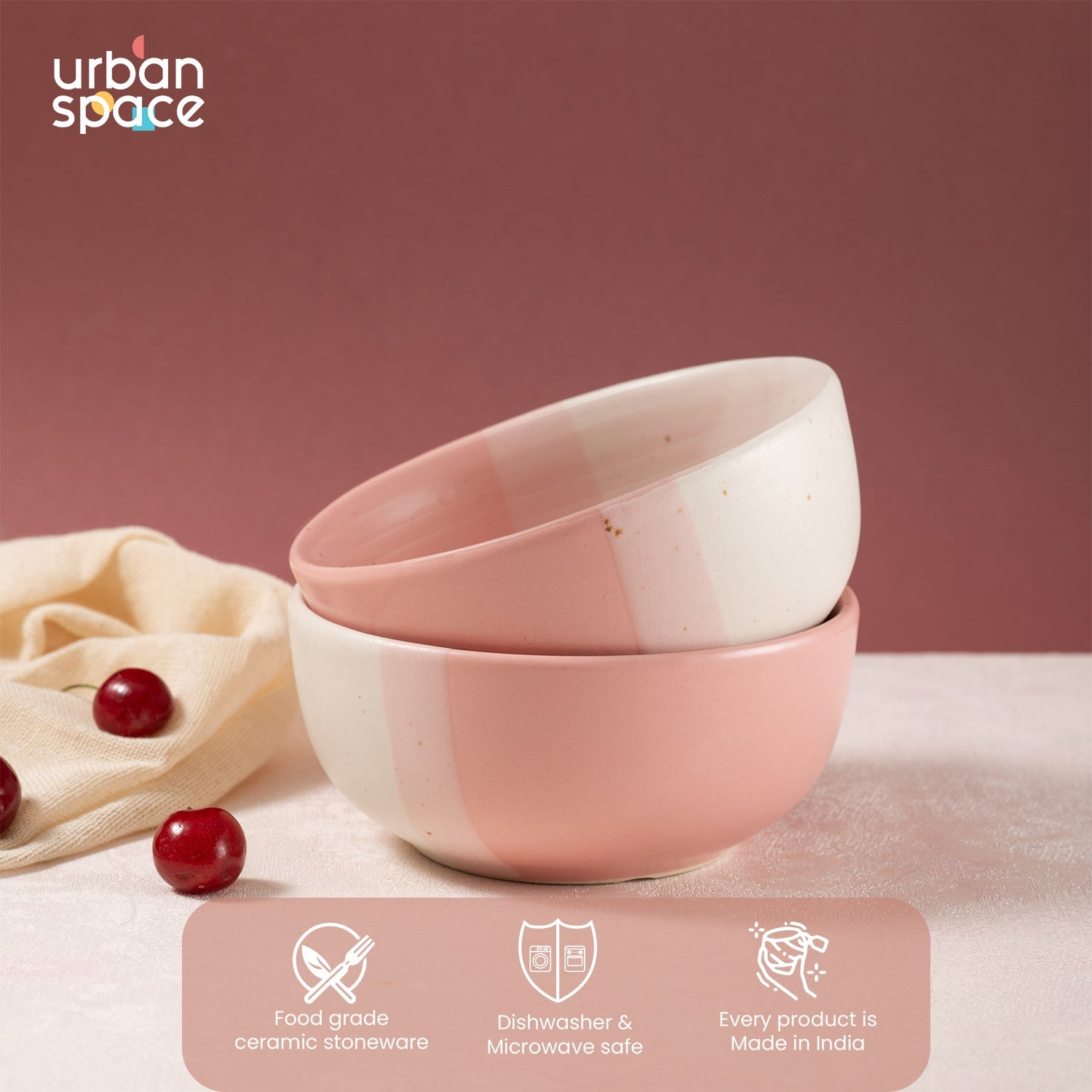 Urban Space Home Furnishing Handmade Ceramic Snack Bowls, Ramen Soup bowls, Serving Bowls, Set of 2, Pink Pearl - view 3