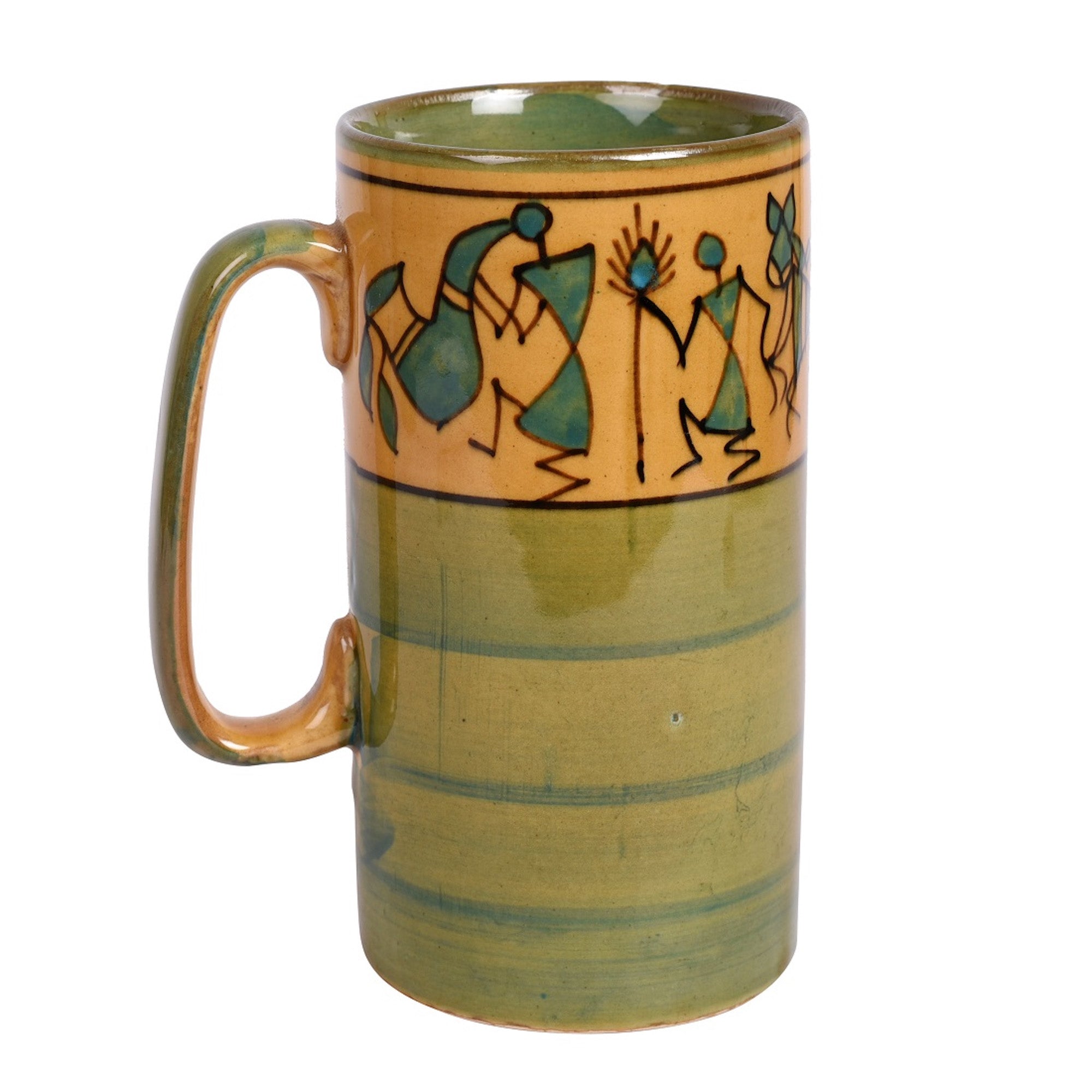 ART CREATIONS BY SUMAN SONTHALIA Green - Mug Ceramic Yellow Warli (Set of 2) (5x3.75x3.1) - view 4