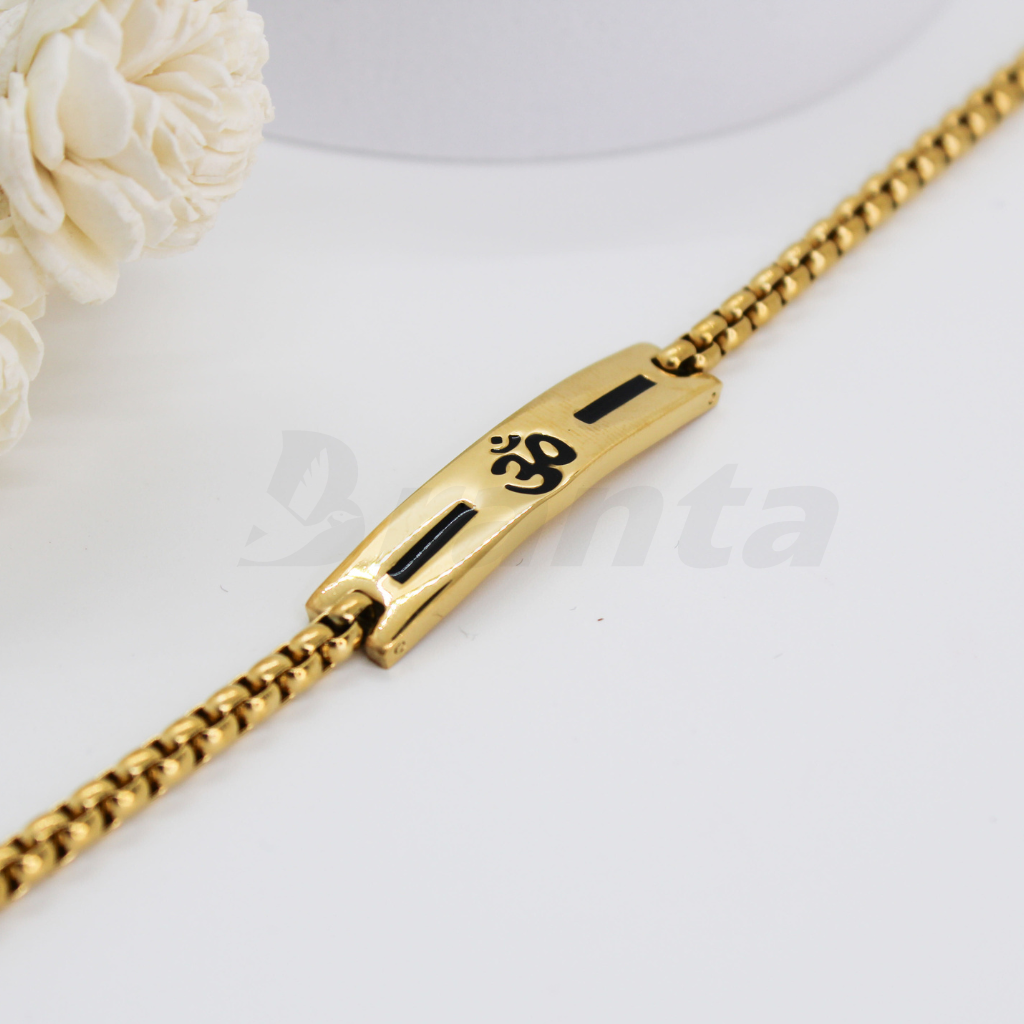 brantashop Premium Om Loose Gold Bracelet For Men With Black Line Pattern (8 Inch)