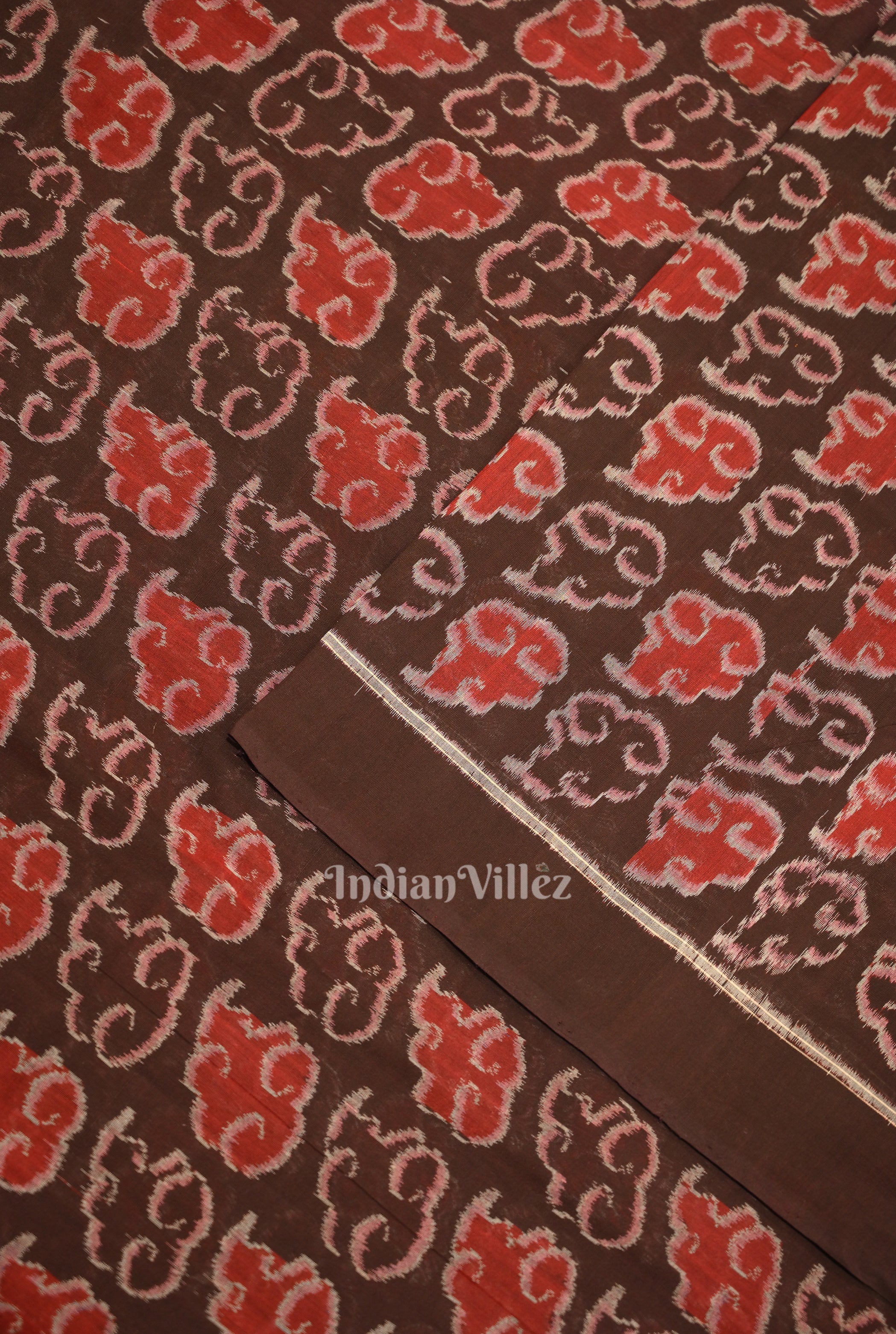 IndianVillèz Chocolate Brown Sambalpuri Odisha Ikat Cotton Fabric - view 2