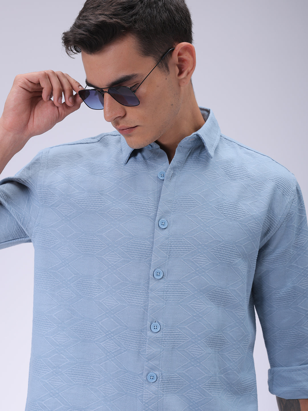 The Indian Garage Co Men's Blue Relaxed Fit Textured Shirt
