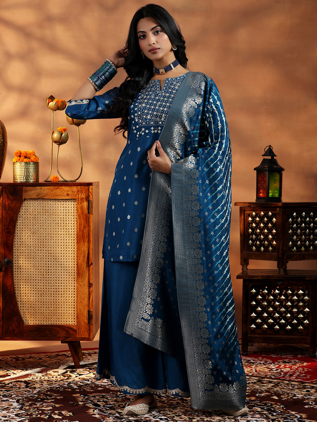 Libas Blue Woven Design Silk Blend Straight Suit With Dupatta