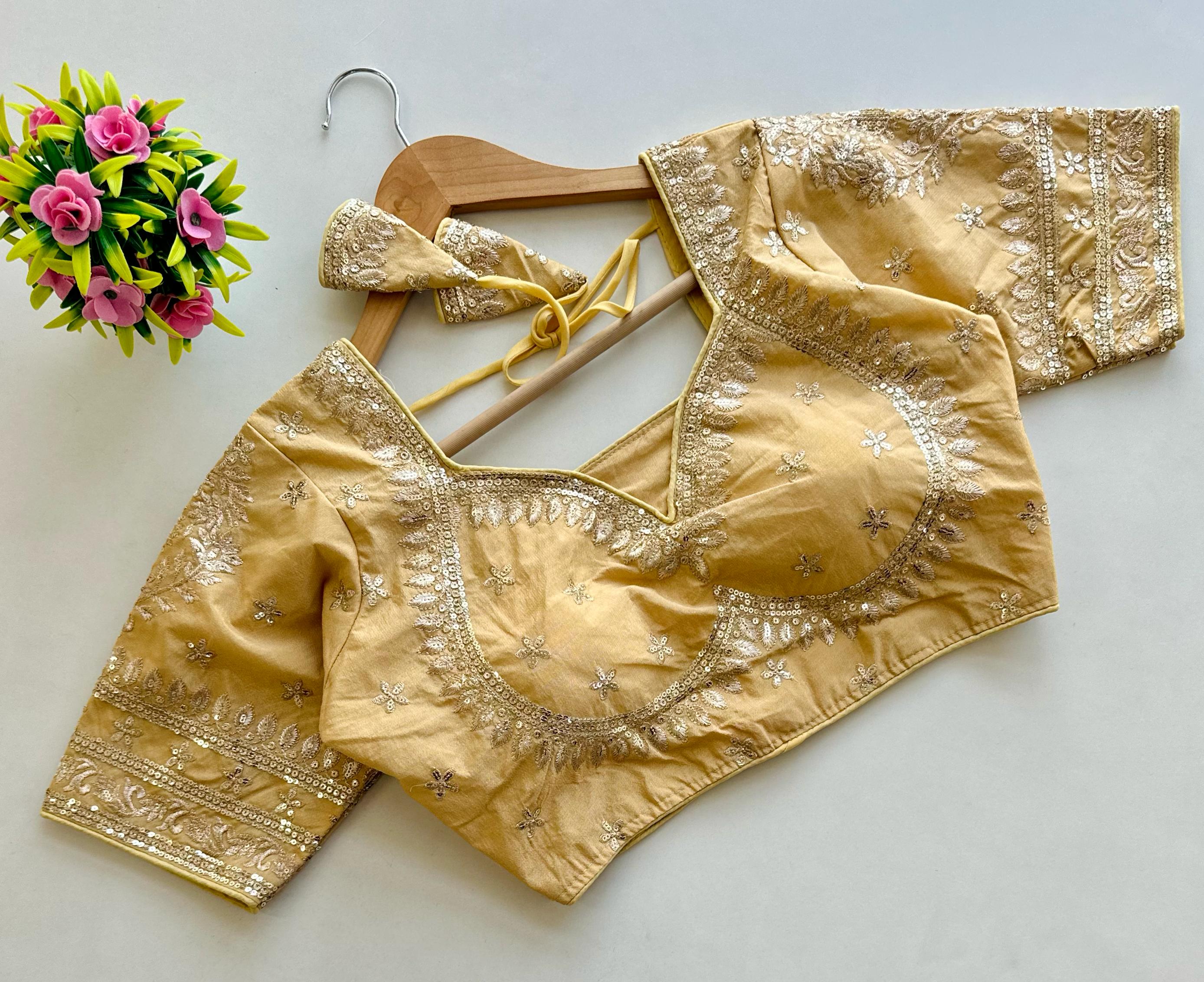 ClothsVilla Cream Golden Embroidered Blubbery Silk Blouse with Sequins