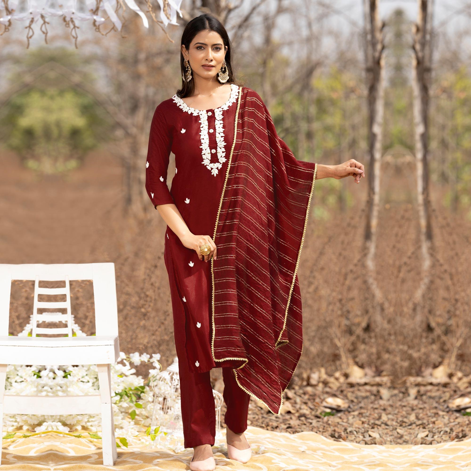 Peachmode Maroon Embellished With Embroidered Muslin Kurti Pant Set With Dupatta - view 2