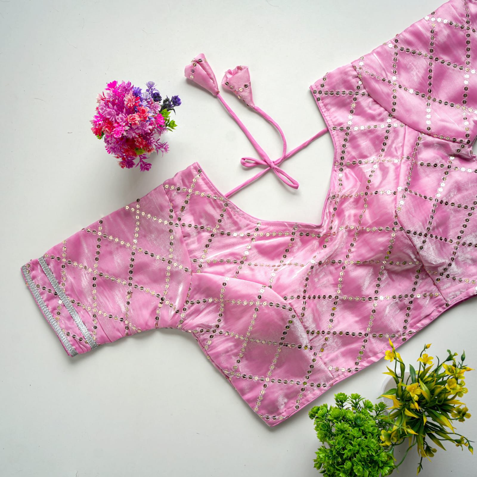 ClothsVilla Baby Pink Metalic Jimmy Choo Blouse with Exquisite Sequence Embroidery