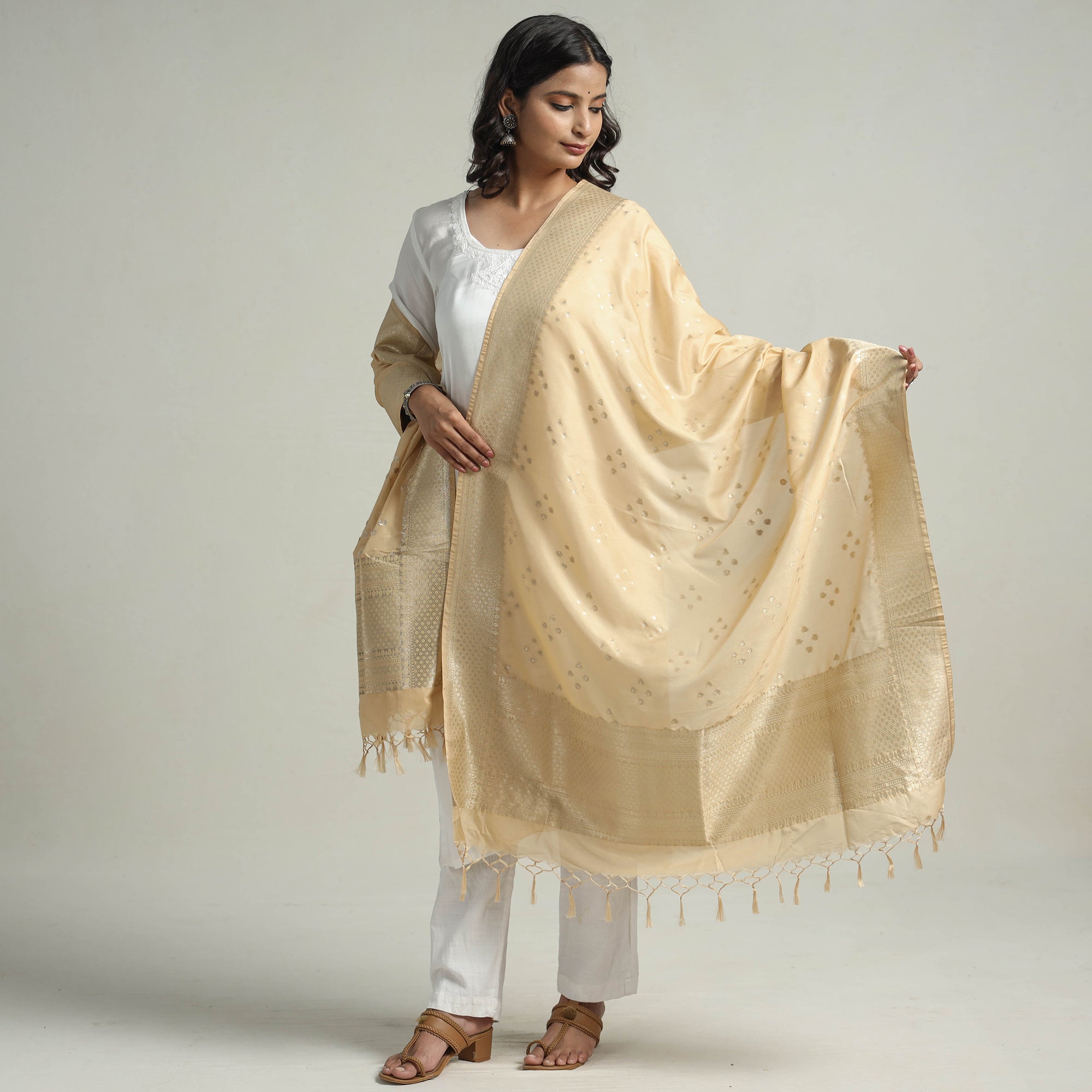 BANARASI BY MAQBUL HASAN Beige - Banarasi Semi Silk Zari Jaal Dupatta with Tassels 05