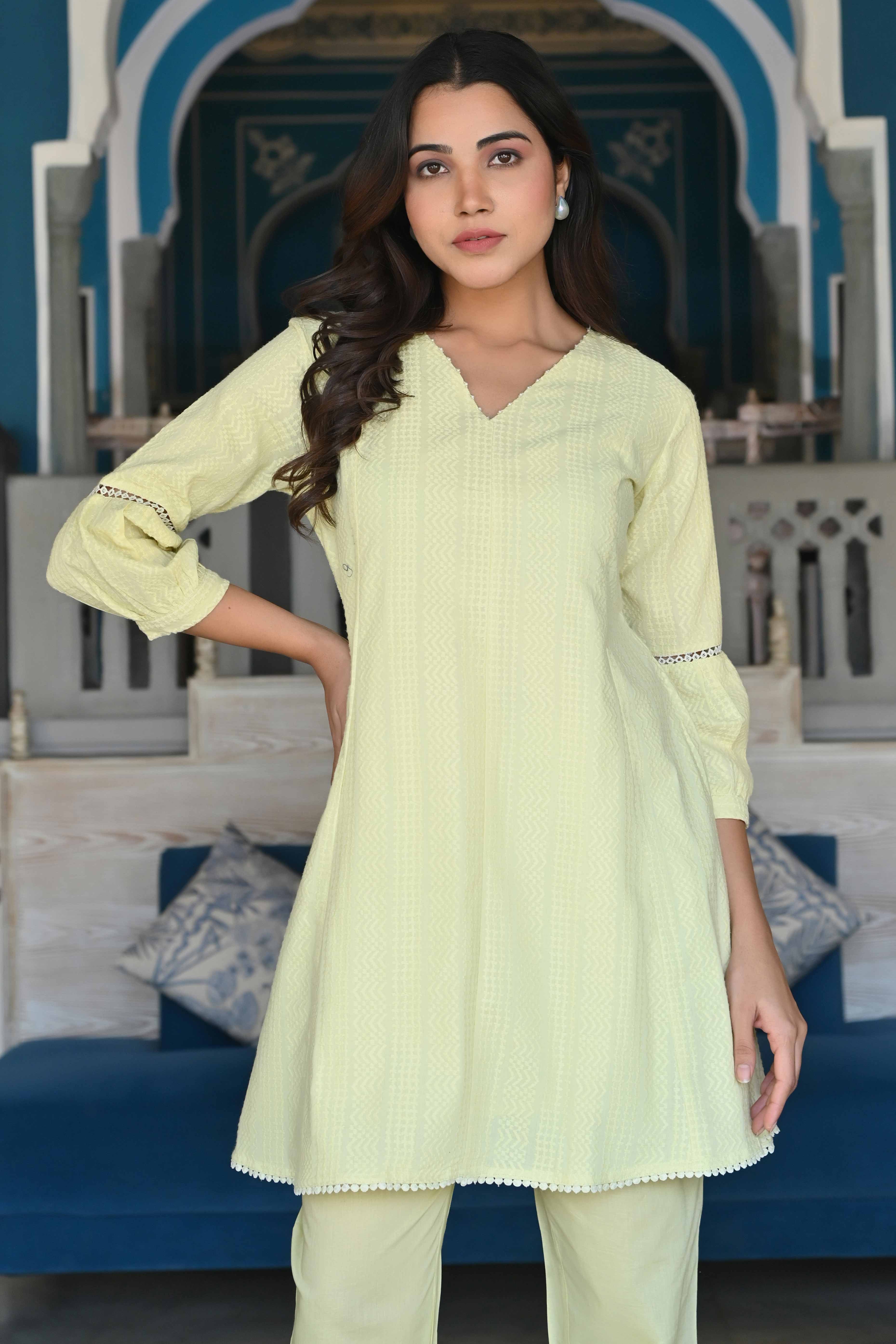 Peachmode Lemon Yellow Dobby Work Pure Cotton Co-Ord Set - view 9