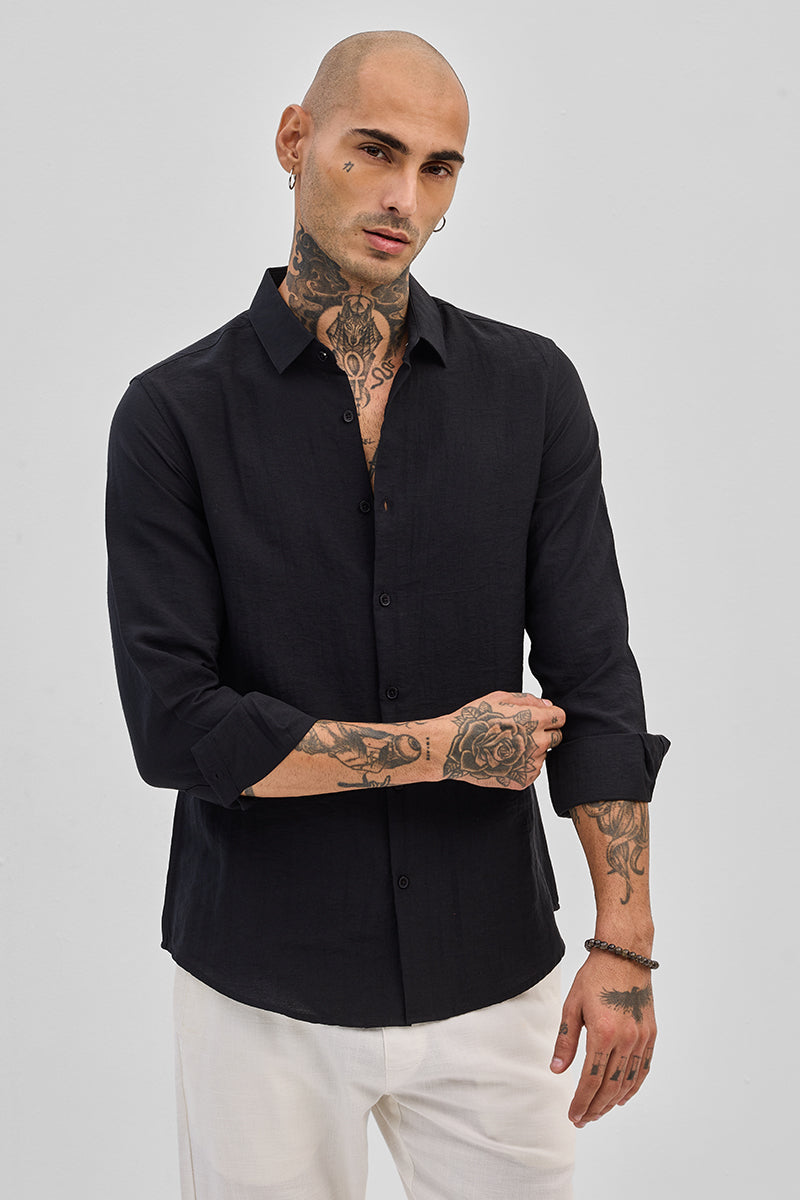 SNITCH Black Slim Fit Linen Shirt - view 5