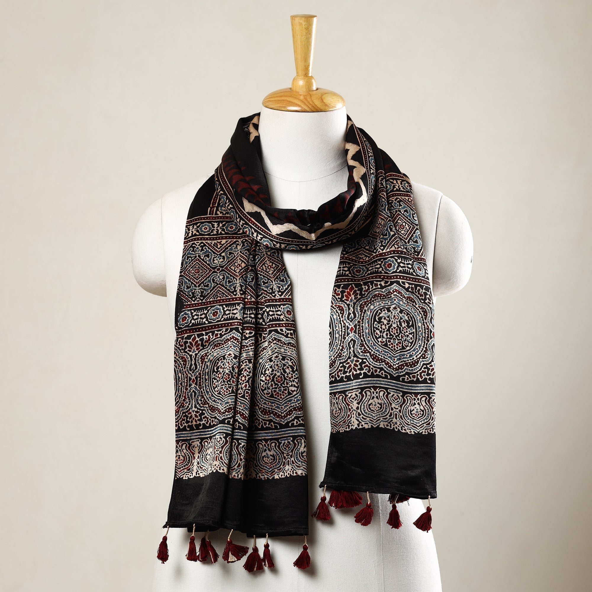 RIYAZ ABDULMAJID KHATRI - AJRAKH Black - Ajrakh Block Printed Mashru Silk Stole with Tassels