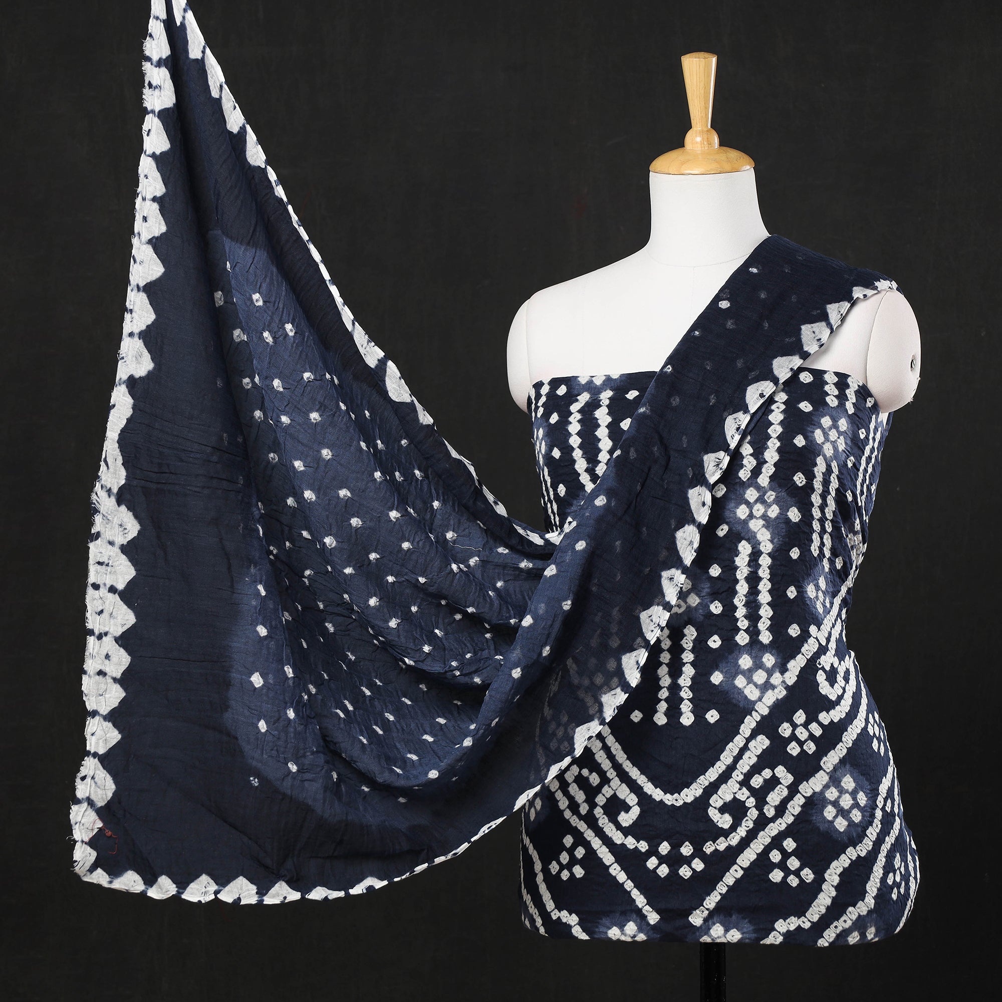 KACHCHH JI CHHAAP Blue - 3pc Kutch Bandhani Tie-Dye Satin Cotton Suit Material Set