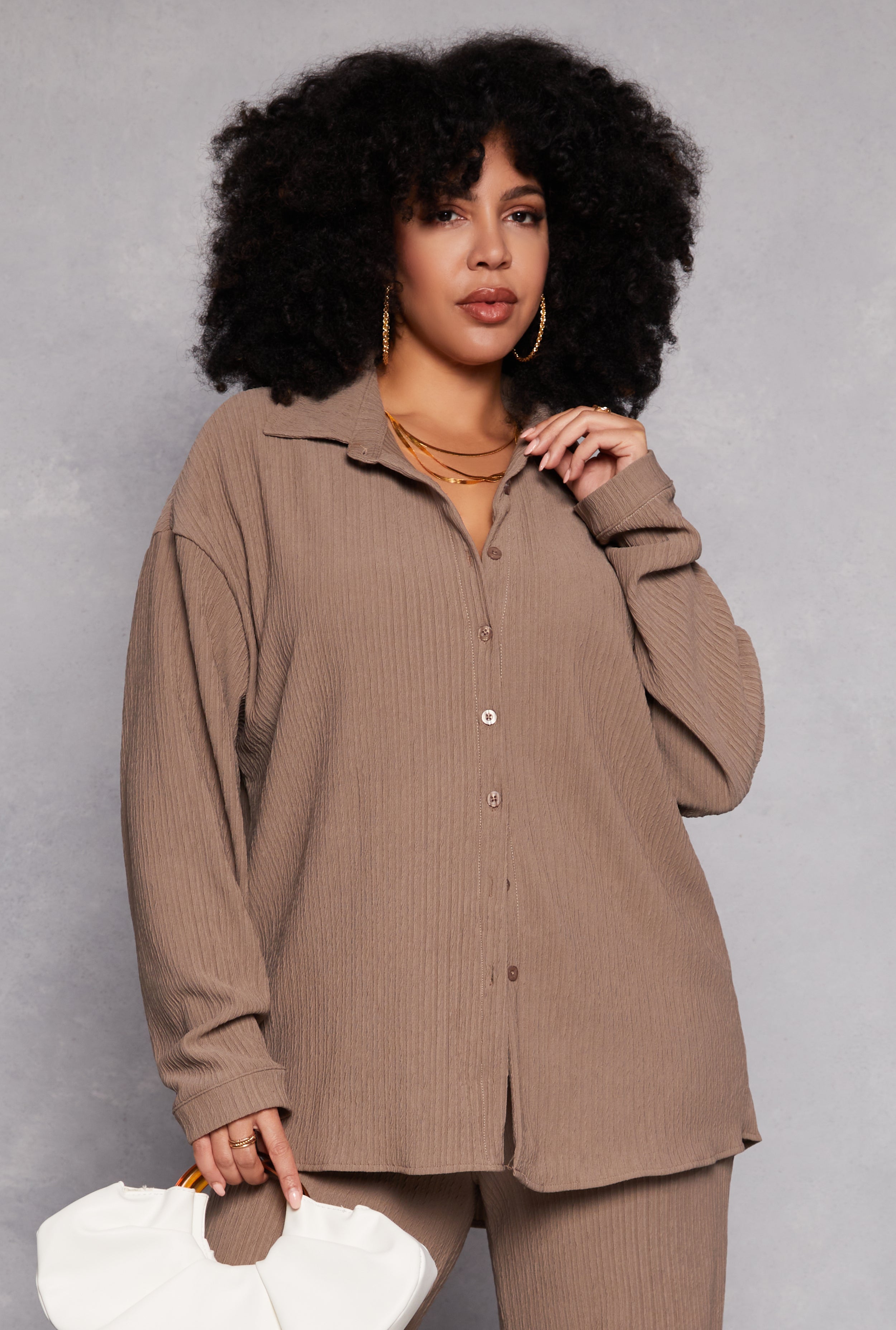 Rainbow Shops Plus Size Textured Knit Button Down Shirt