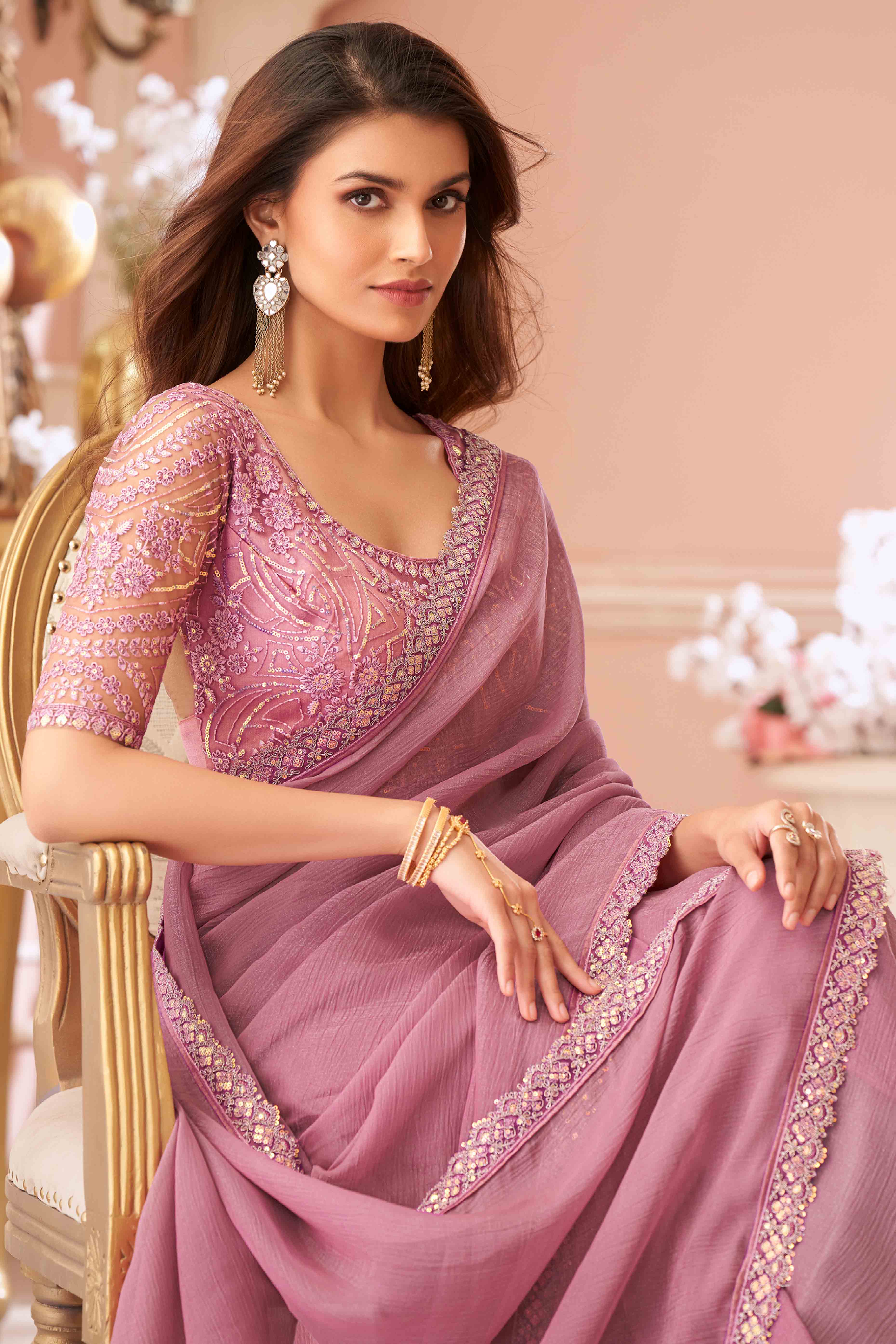 Peachmode Dusty Pink Sequins Embroidered Georgette Saree - view 3