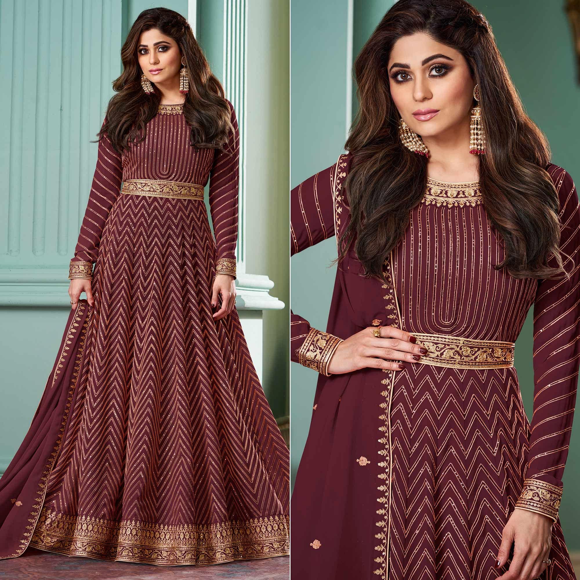 Peachmode Seller Maroon Partywear Sequins Embroidered Georgette Gown
