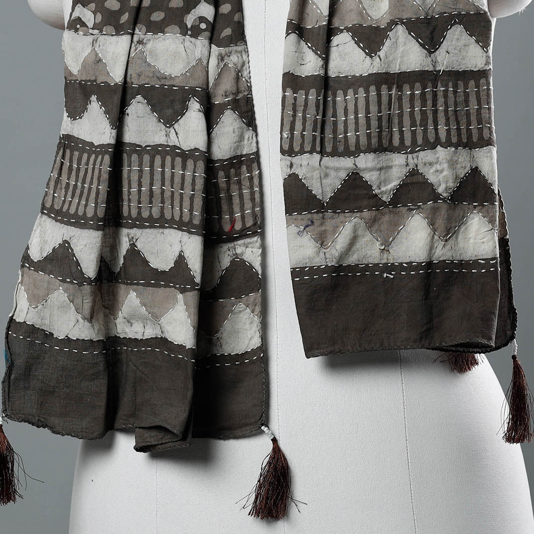 ARTISAN HAND BLOCK PRINTS Brown - Bagru Block Printed Tagai Work Cotton Stole with Tassels - view 2