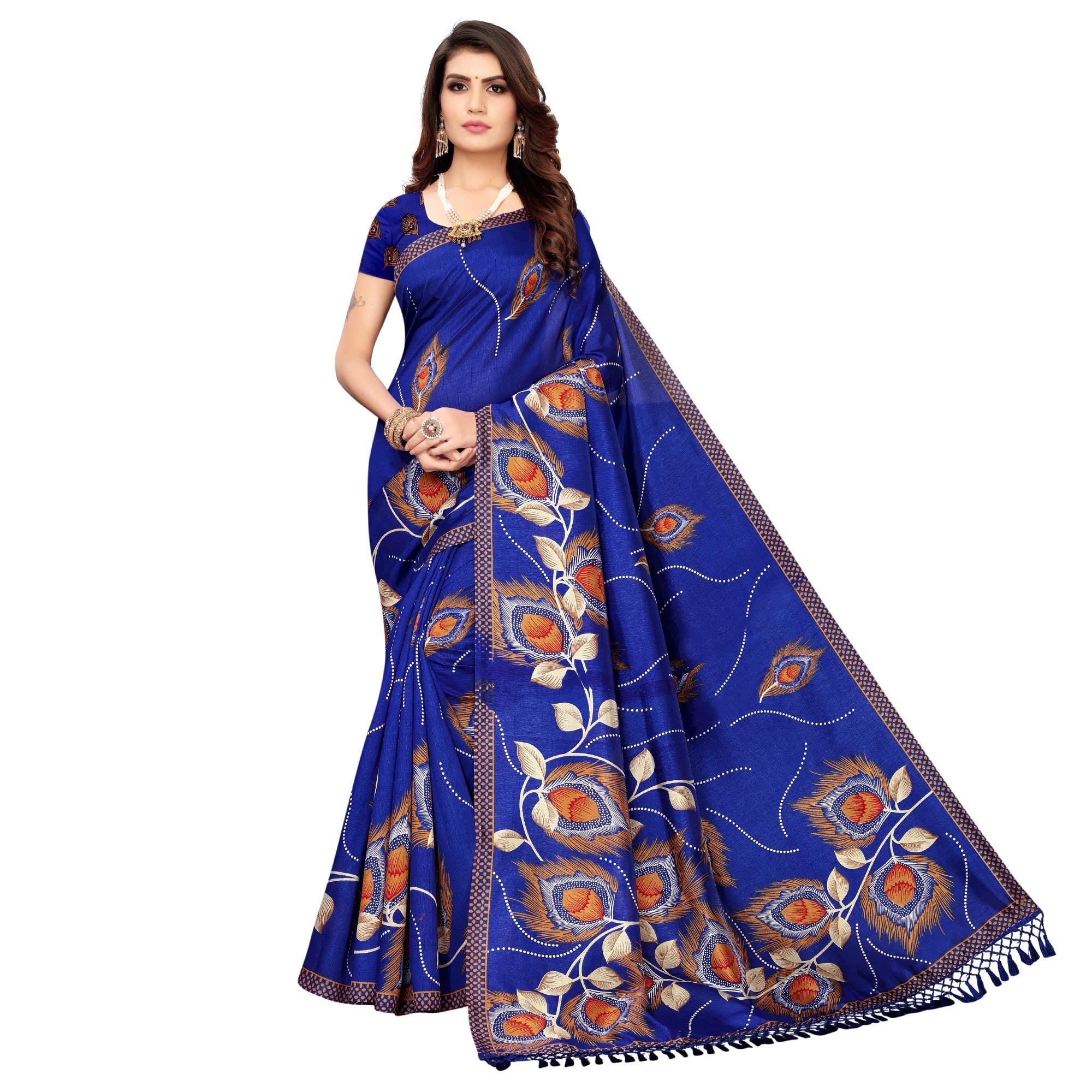 Peachmode Mesmerising Blue Colored Festive Wear Printed Art Silk Saree