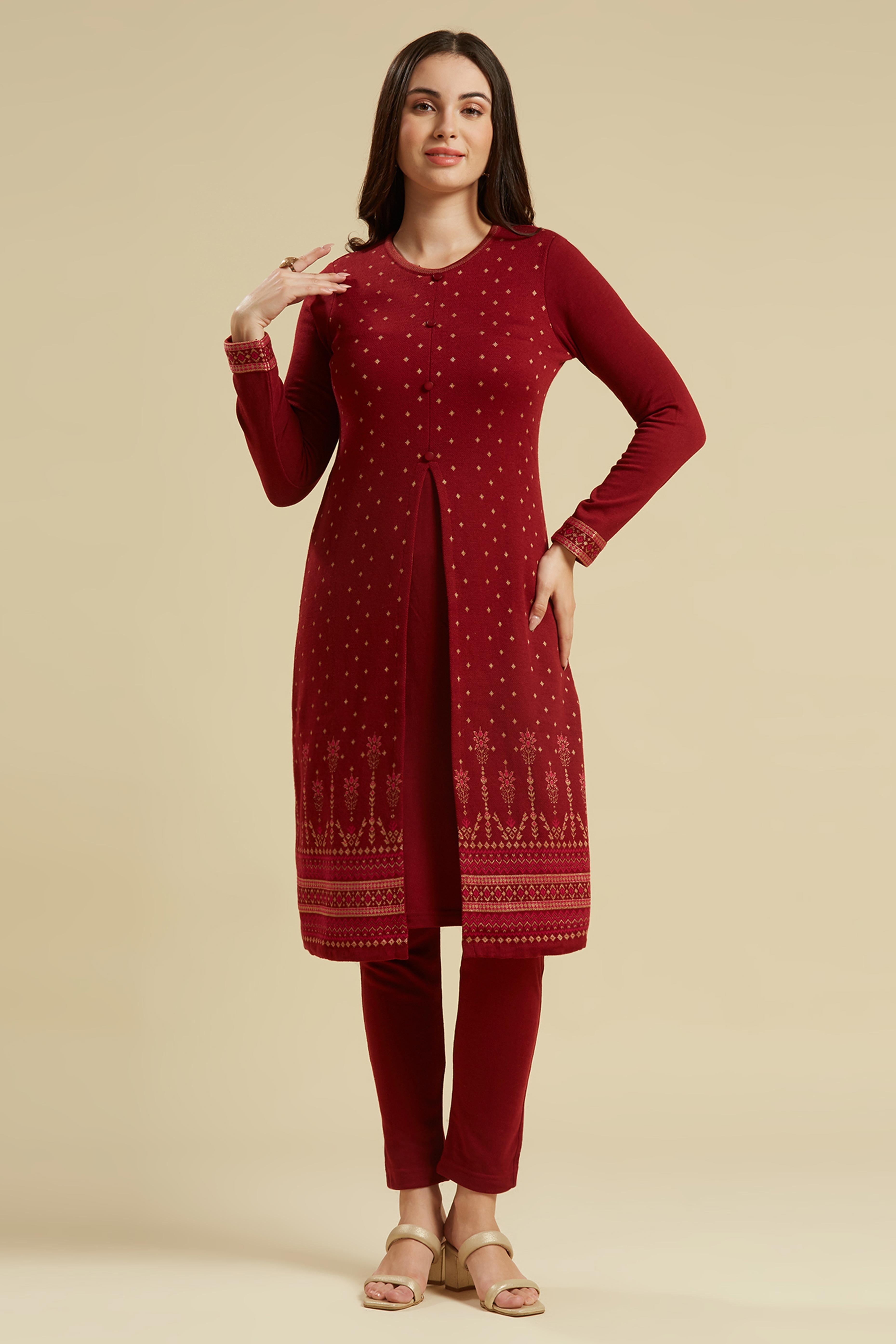 Peachmode Maroon Floral Woolen Top Bottom Set - view 3