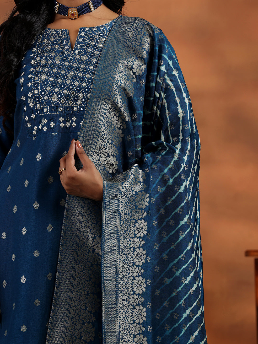 Libas Blue Woven Design Silk Blend Straight Suit With Dupatta - view 8