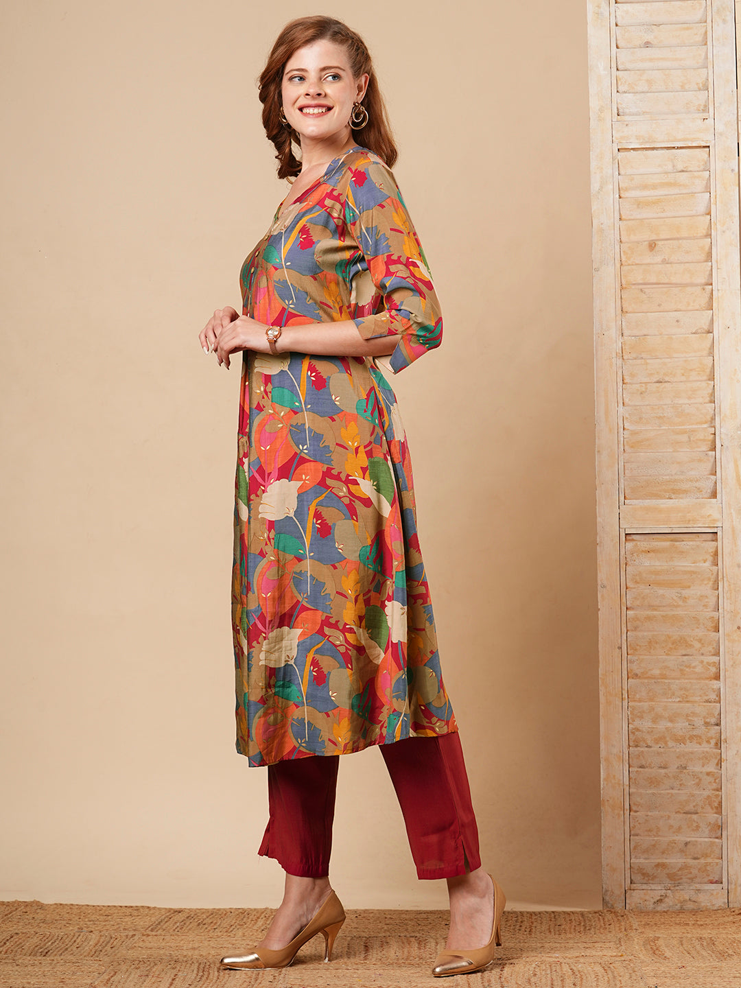 FASHOR Abstract Floral Foil Printed A-Line Kurta with Pant - Multi - view 4