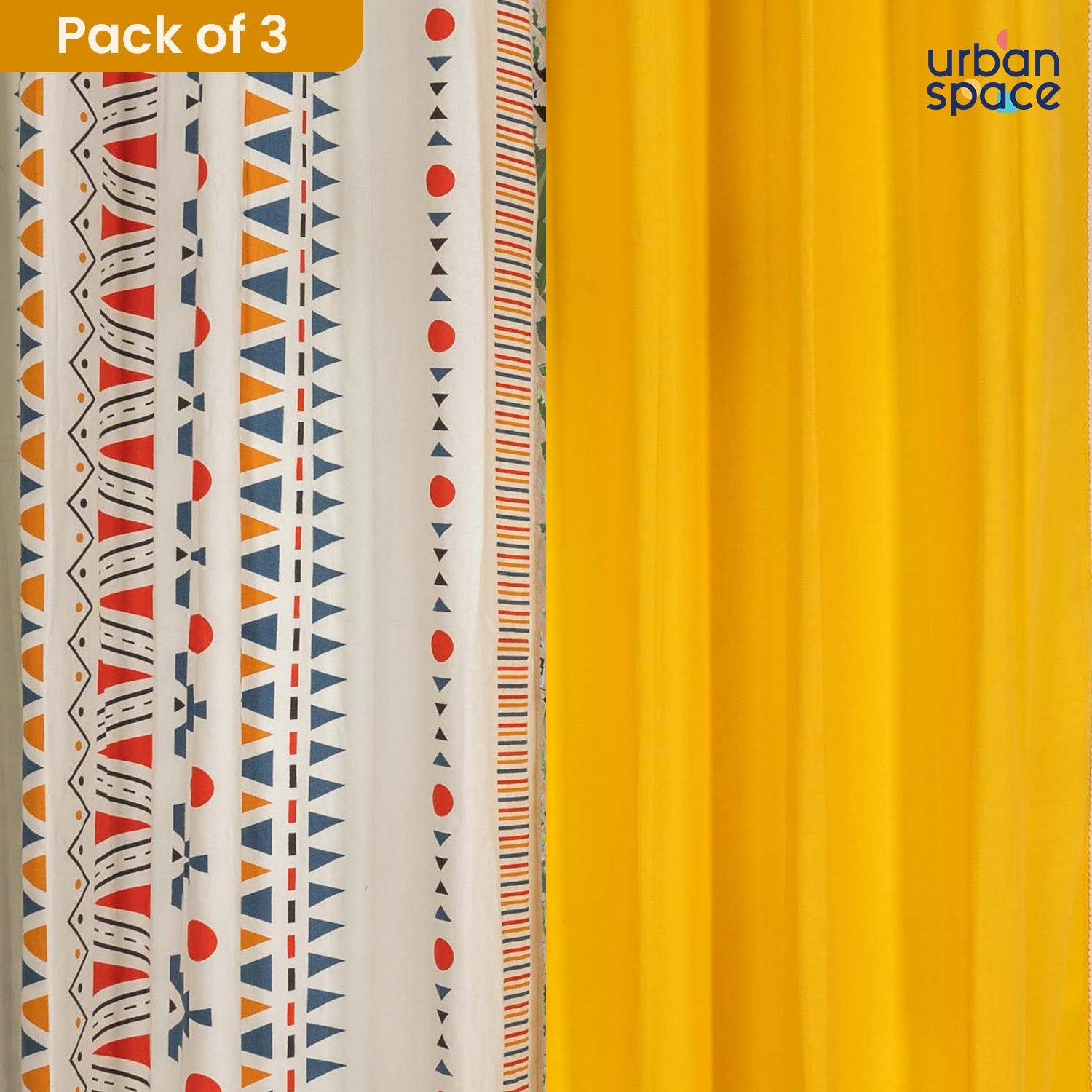Urban Space -Home Furnishing Store Cotton Curtains Combo, Set of 3 curtains, 60-65% Room Darkening Curtain - Orange & Aura Yellow - view 3