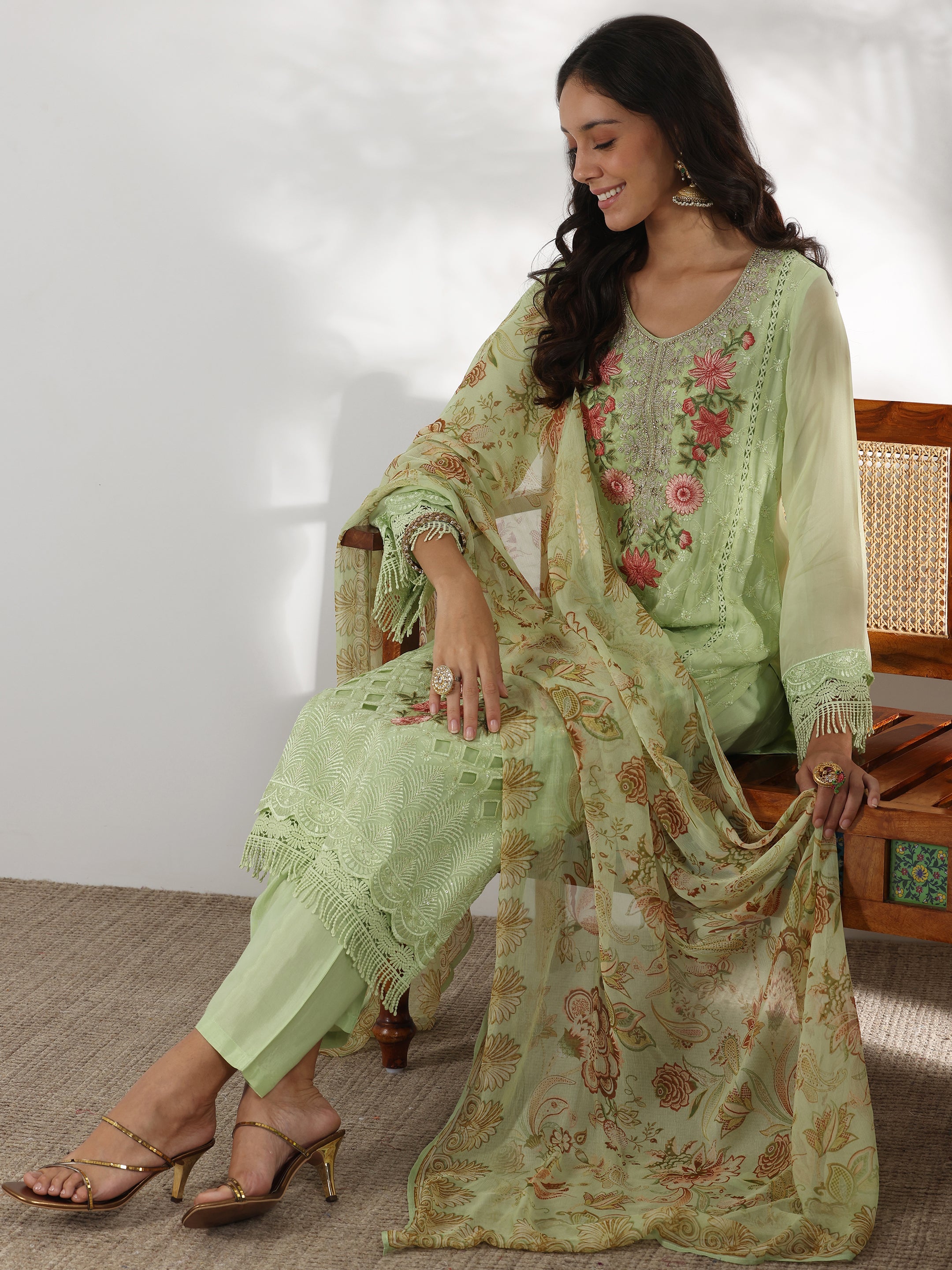 Libas Green Embroidered Organza Straight Suit With Dupatta