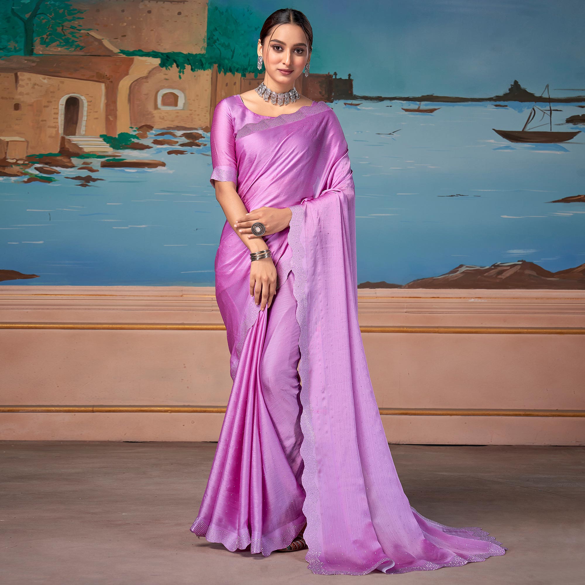 Peachmode Mauve Swarovski Work Satin Saree – Women's - view 2