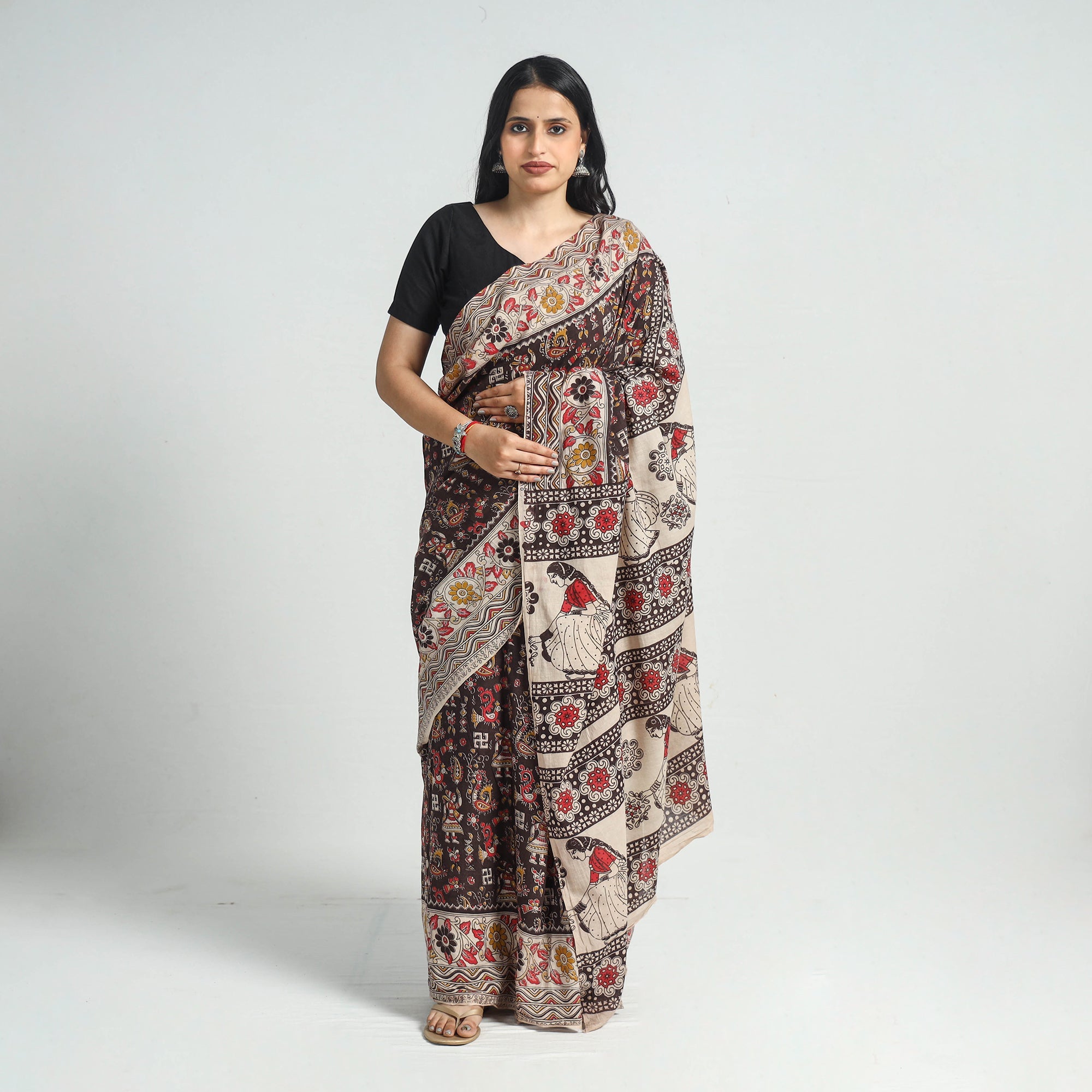 SOUTH KARGHA Black - Printed Cotton Kalamkari Saree with Blouse Piece 12