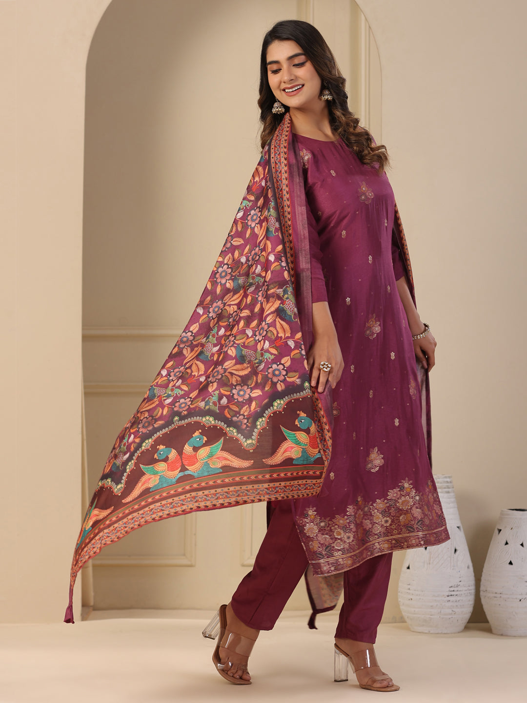 Fashor Ethnic Jacquard Woven Straight Kurta with Pant & Dupatta - Purple