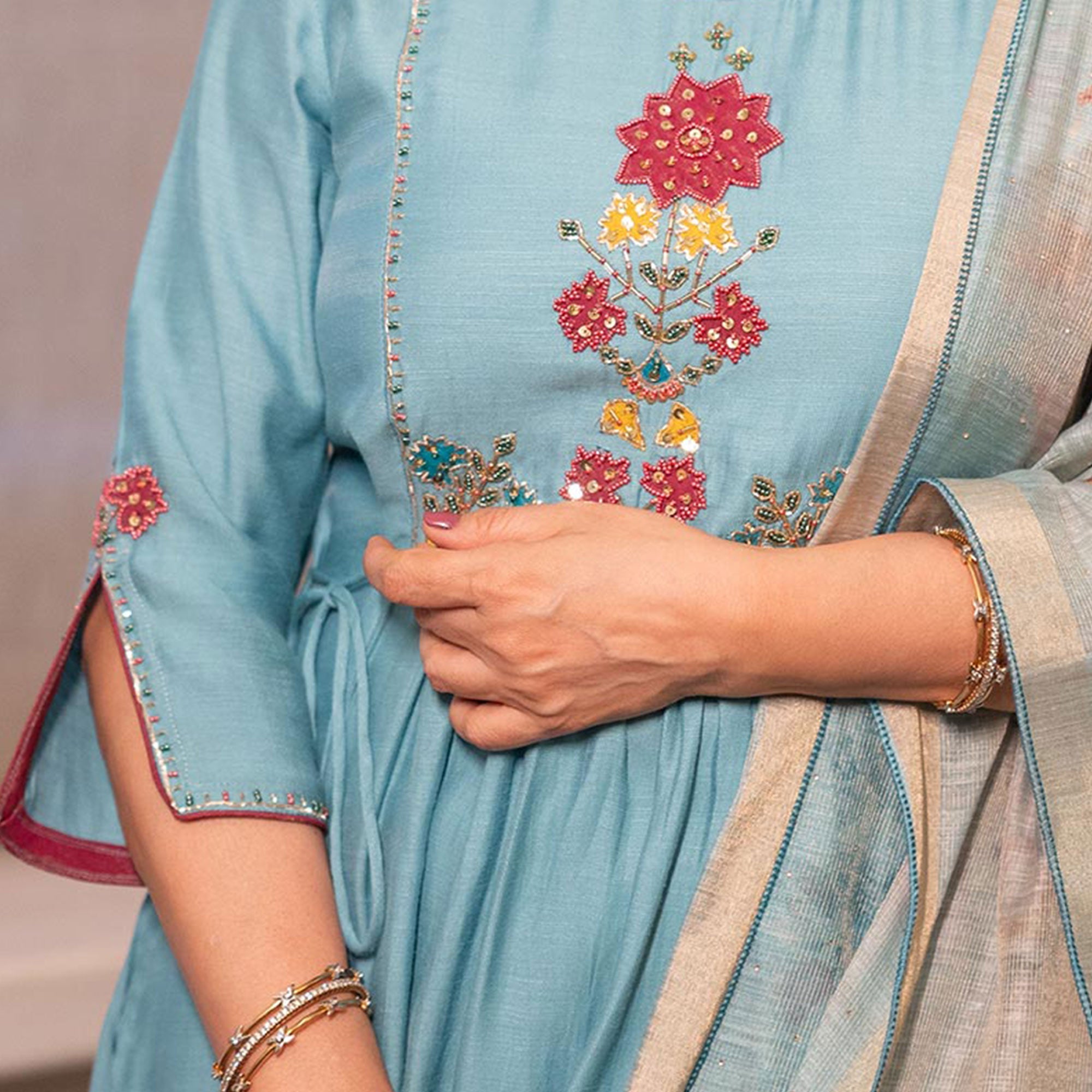 Peachmode Sky Blue Neck Embroidered Viscose A-Line Salwar Suit - view 7