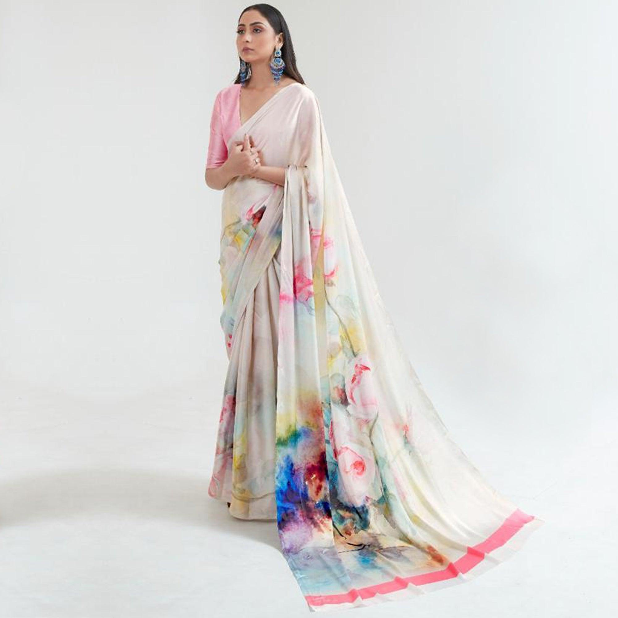 Peachmode Gleaming Off White Coloured Casual Wear Digital Printed Satin Saree