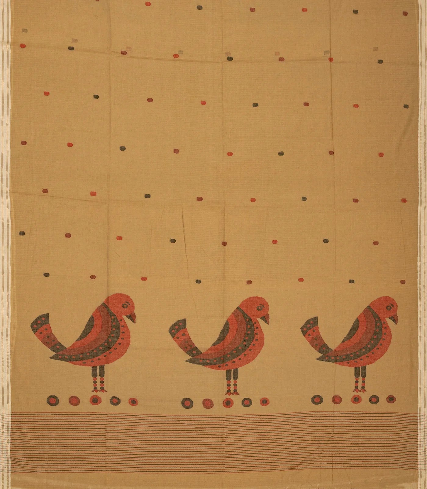RmKV Beige Handloom Bengal Cotton Saree With Bird Motifs - view 2