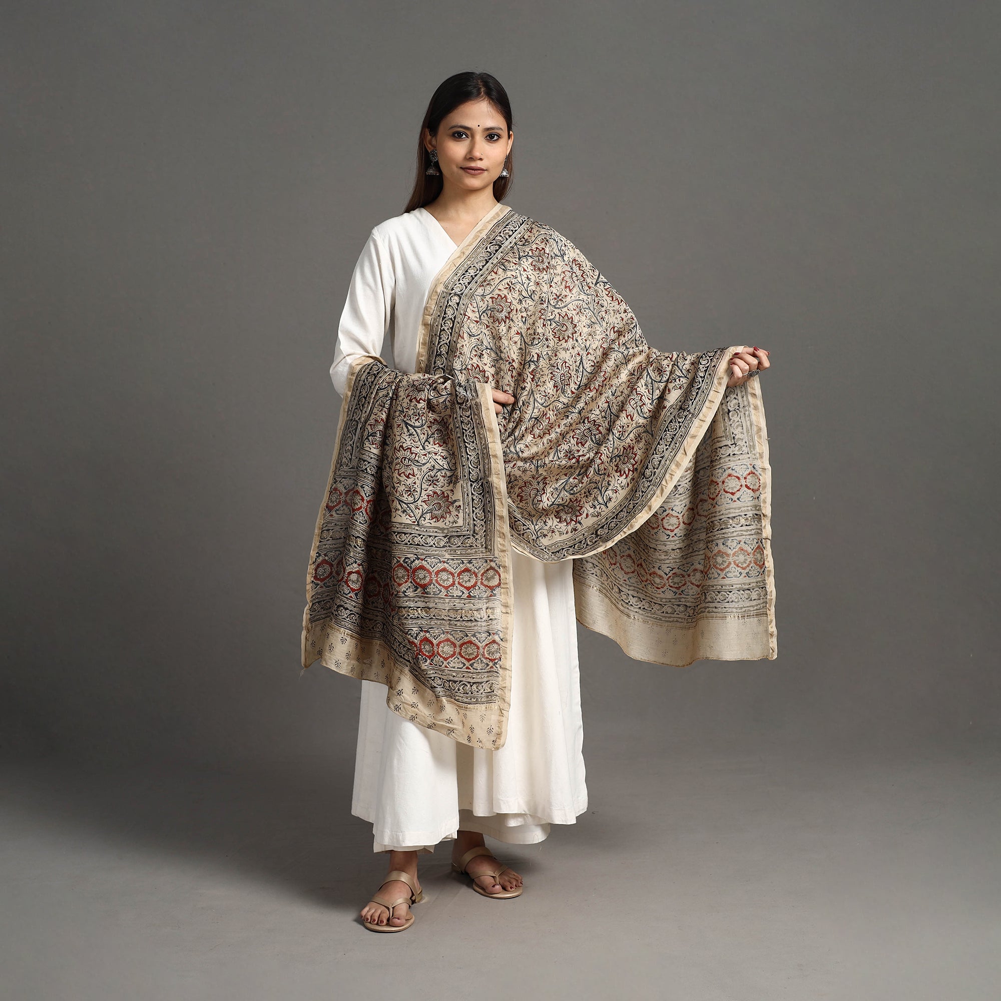 SOUTH KARGHA Beige - Pedana Block Print Chanderi Silk Kalamkari Dupatta 04