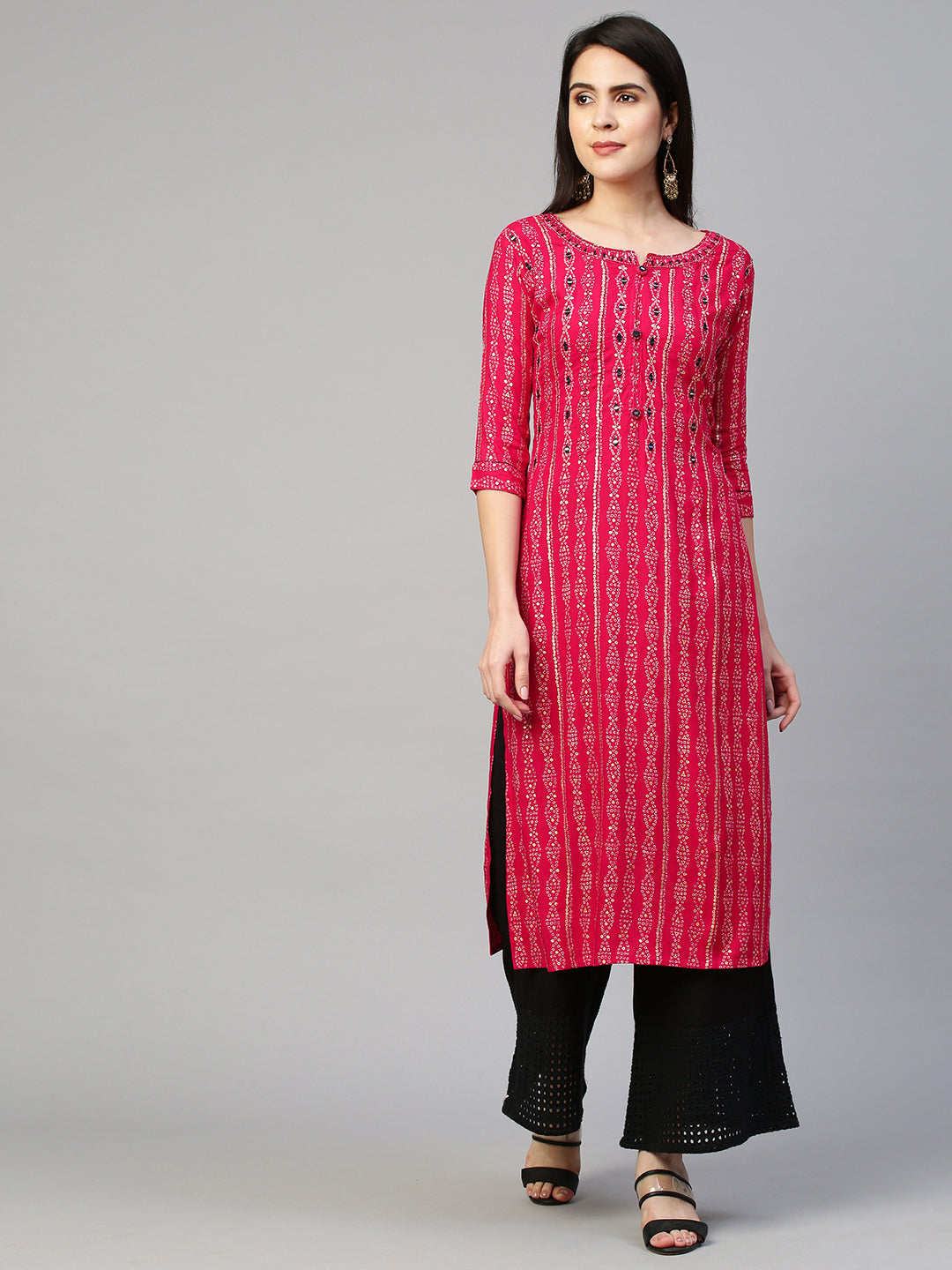 Fashor Bandhej Printed & Embroidered Kurta - Hot Pink - view 3