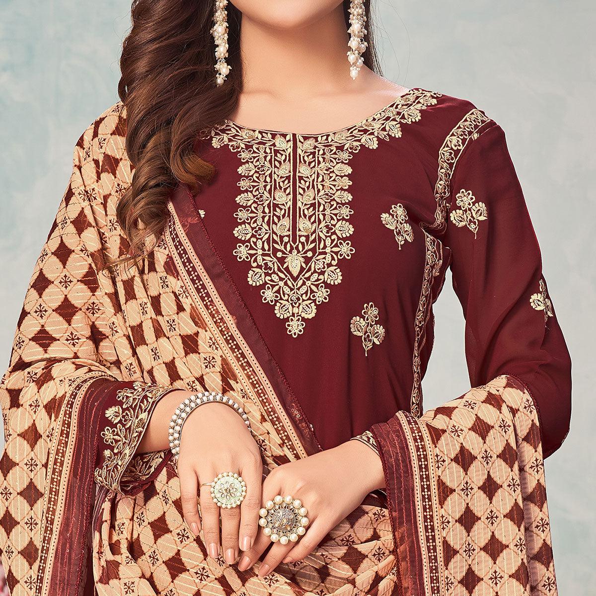 Peachmode Brown Partywear Embroidered Faux Georgette Salwar Suit - view 3