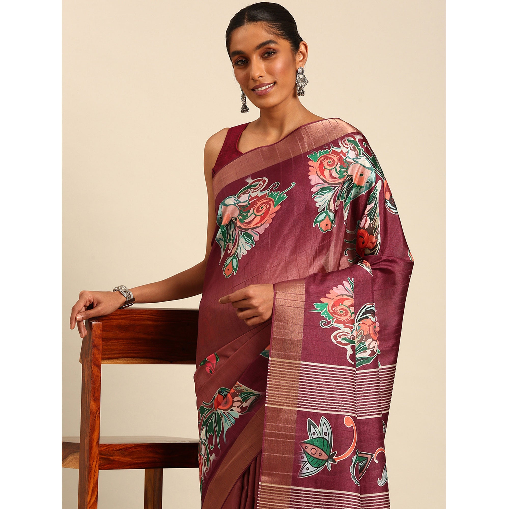 Peachmode Maroon Digital Printed Cotton Blend Saree With Woven Border - view 5