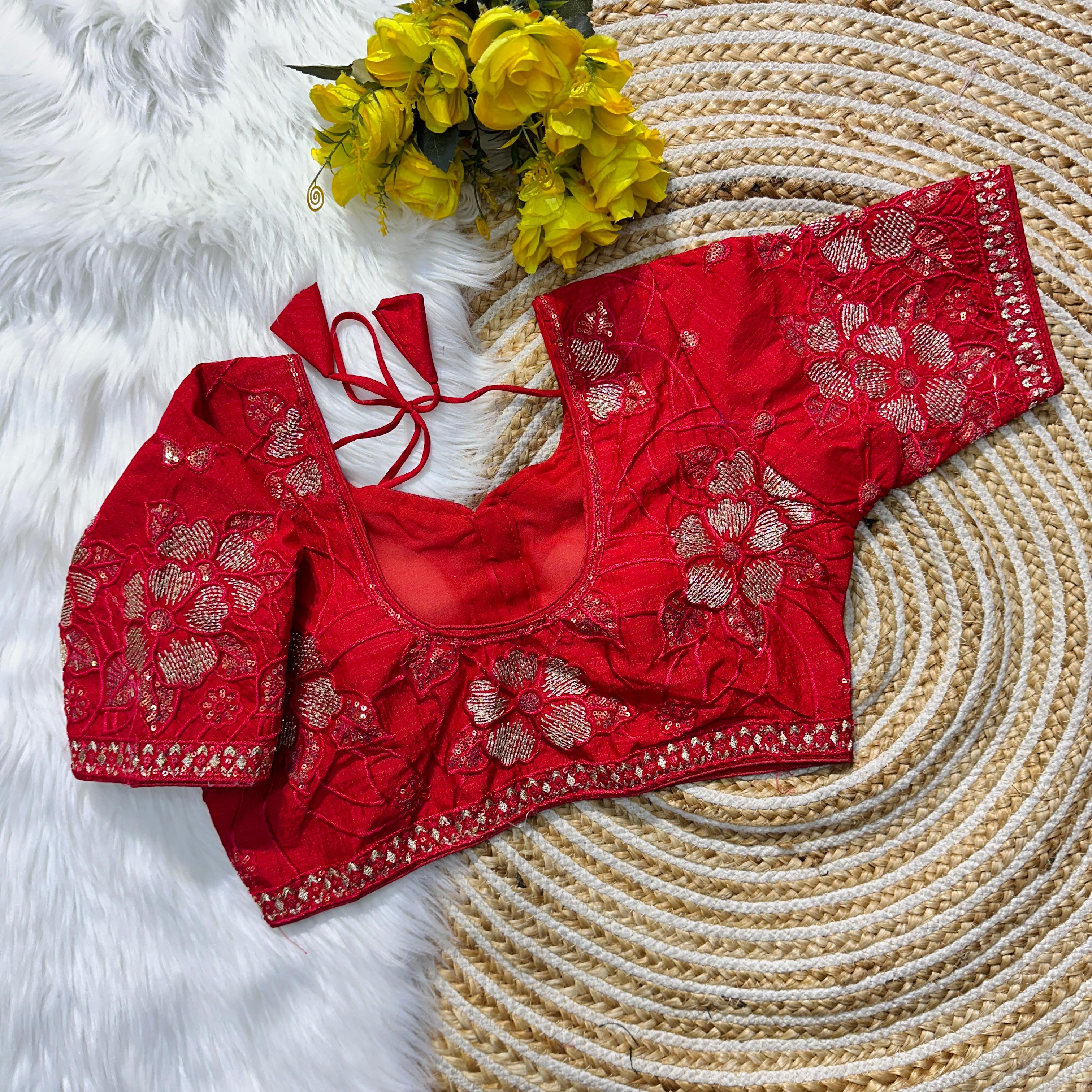 ClothsVilla Red Soft Silk Blouse with Beautiful Embroidery and Sequence Accents