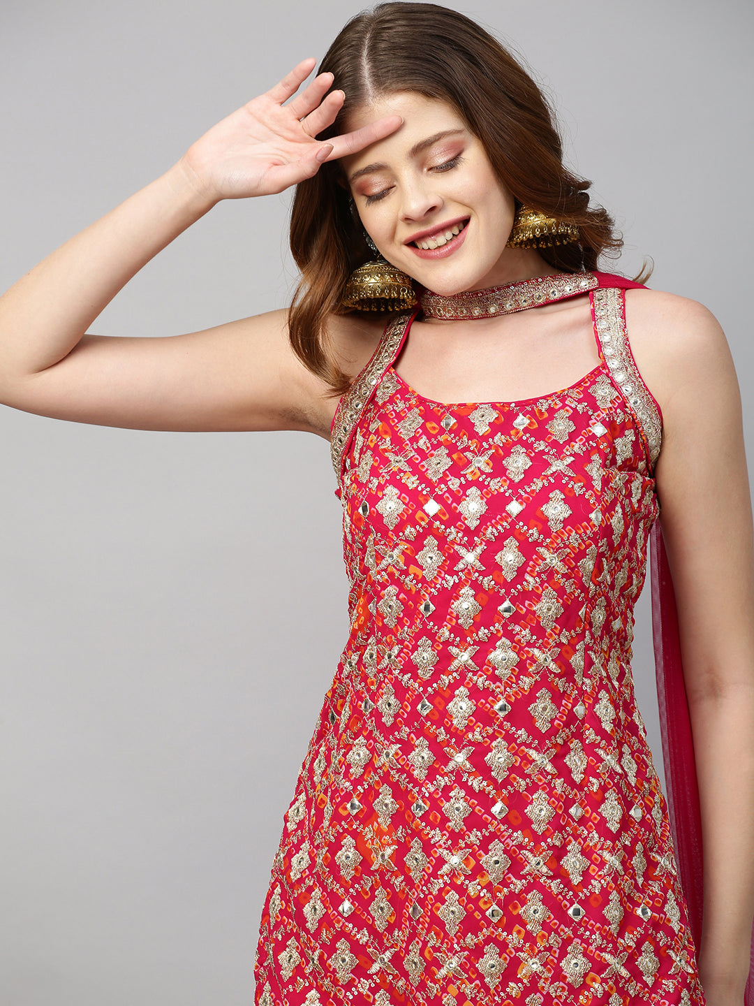 Fashor Zari Embroidered & Bandhani Printed Kurta with Sharara & Dupatta - Hot Pink - view 5
