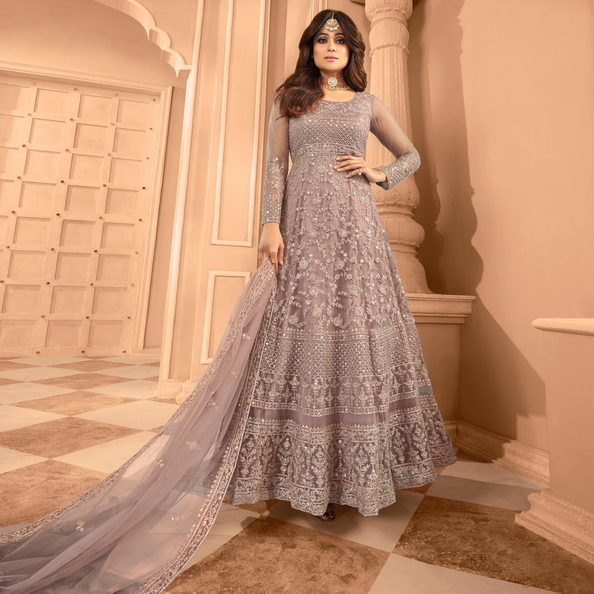 Peachmode Seller Mauve Floral Embroidered Net Anarkali Suit - view 2