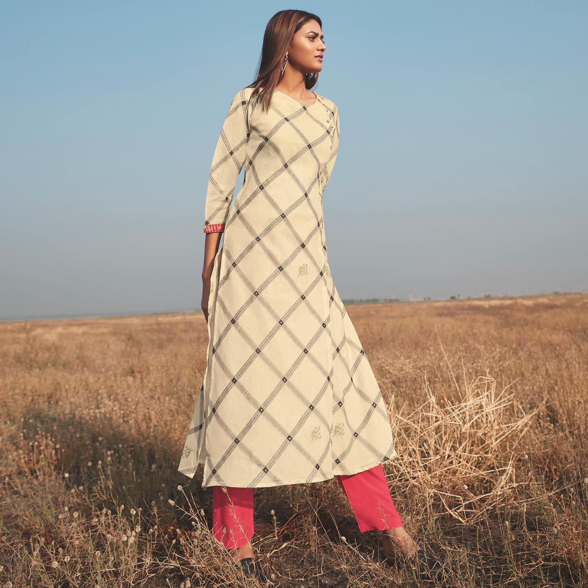 Peachmode Seller Engrossing Beige Colored Party Wear Handwork Handloom Cotton Kurti-Pant Set