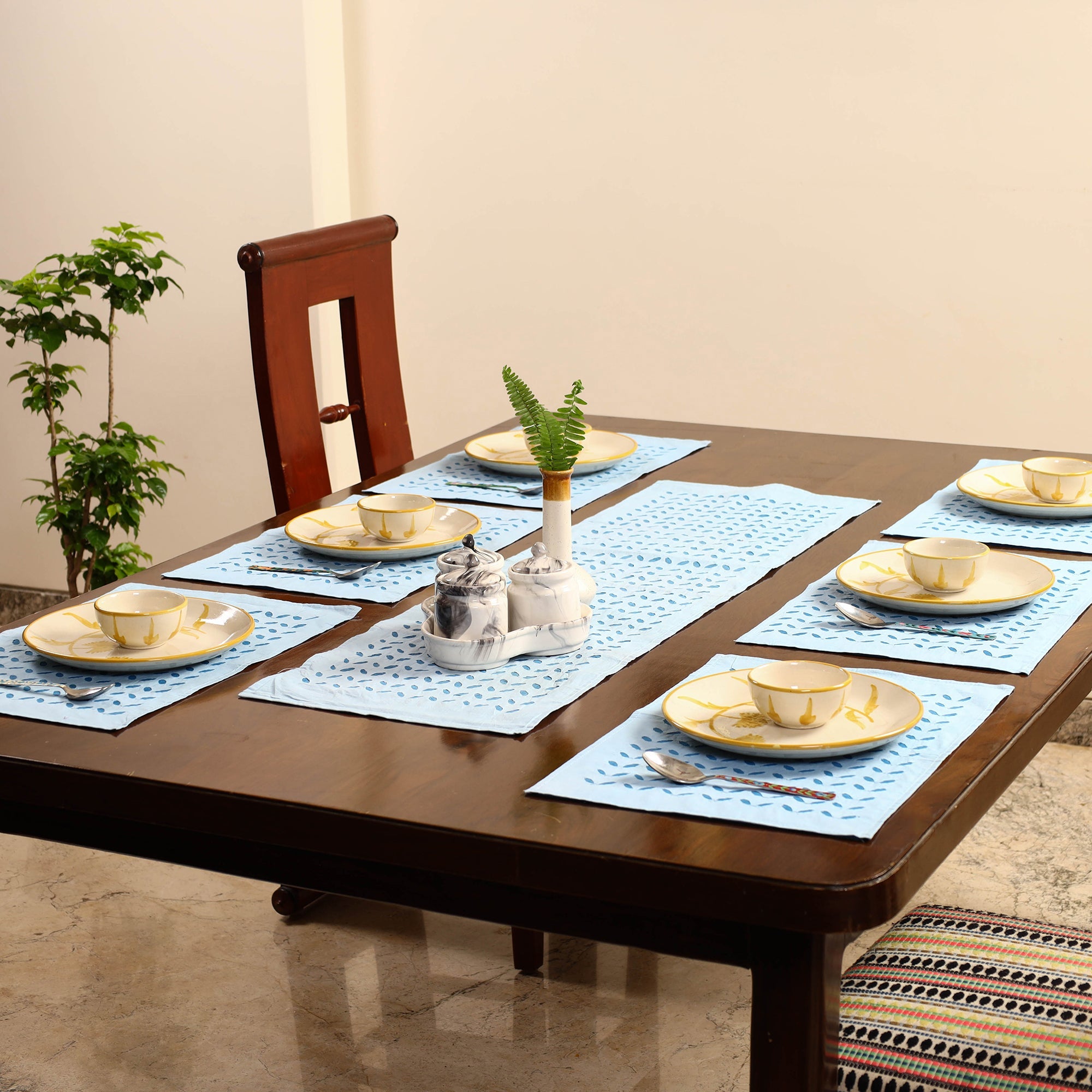 SHADES OF MARUDHARA Blue - Applique Cut Work Table Runner with Table Mat Set 51