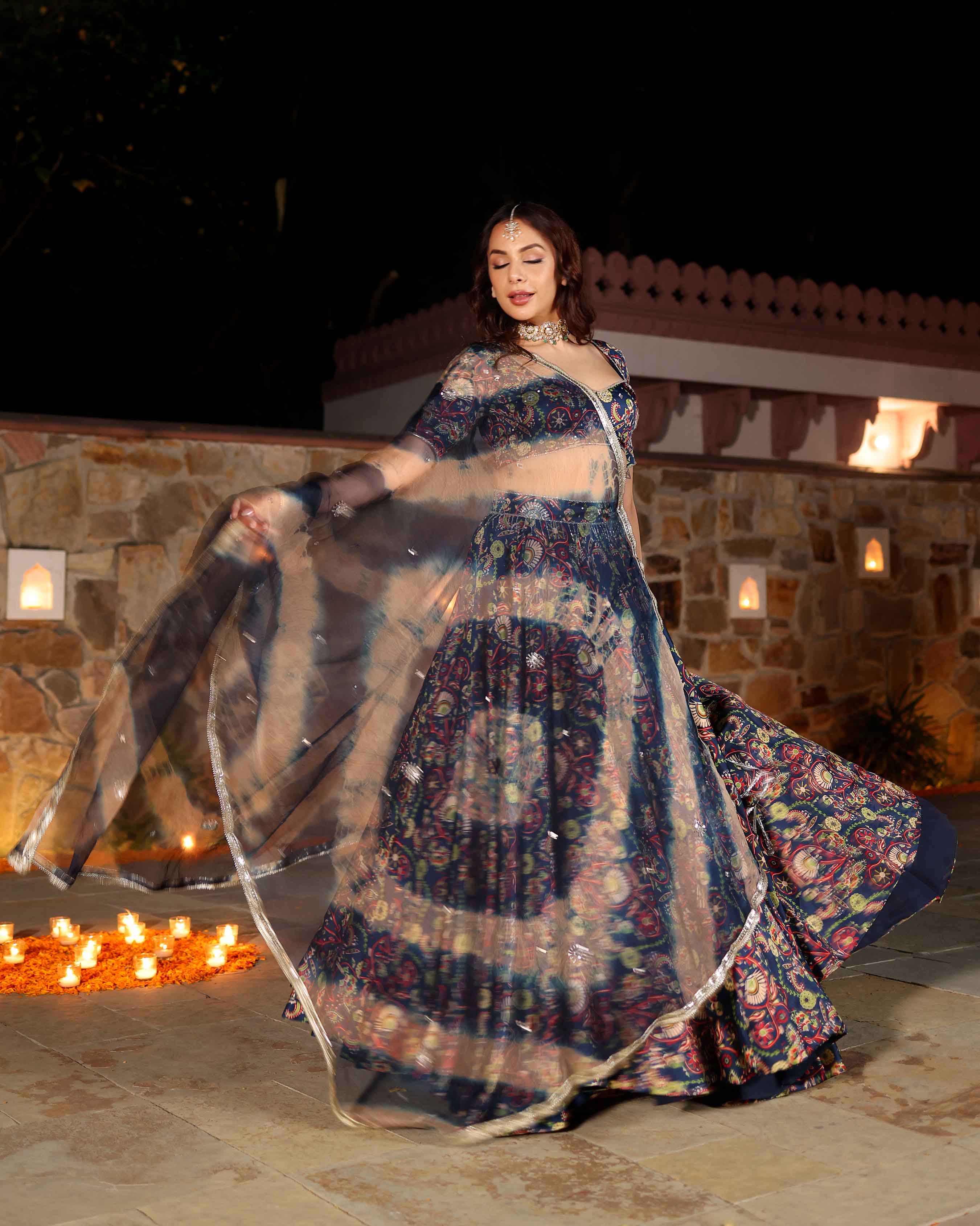 Aachho Laaya Blue Printed Hand Embroidered Satin Lehenga Set - view 3