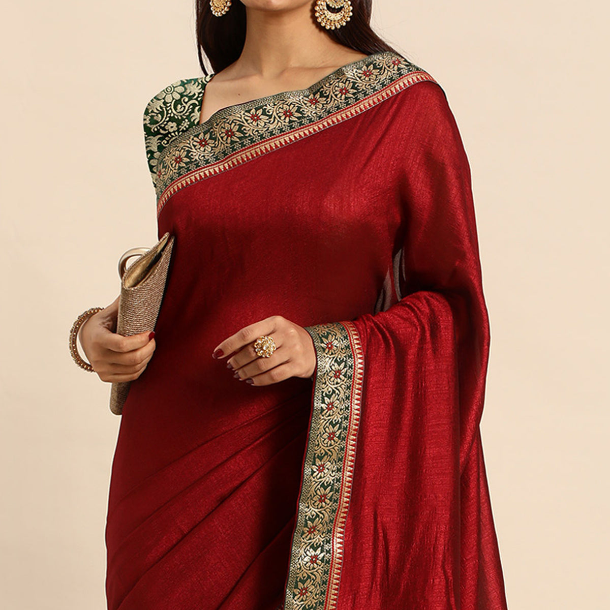 Peachmode Maroon Solid Vichitra Silk Saree With Fancy Border - view 3