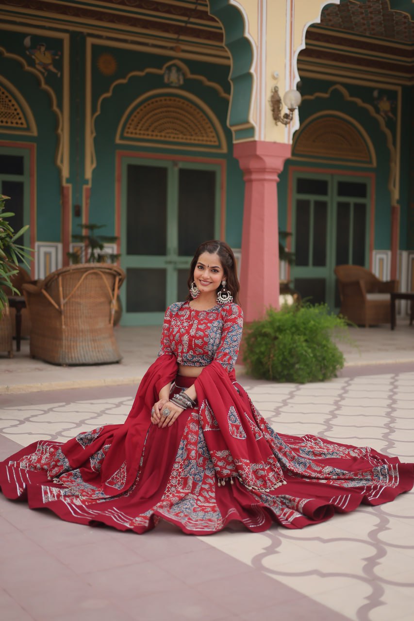 ClothsVilla.com Red Festive Printed Rayon Lehenga Choli Set with Gota Patti & Kodi Lace